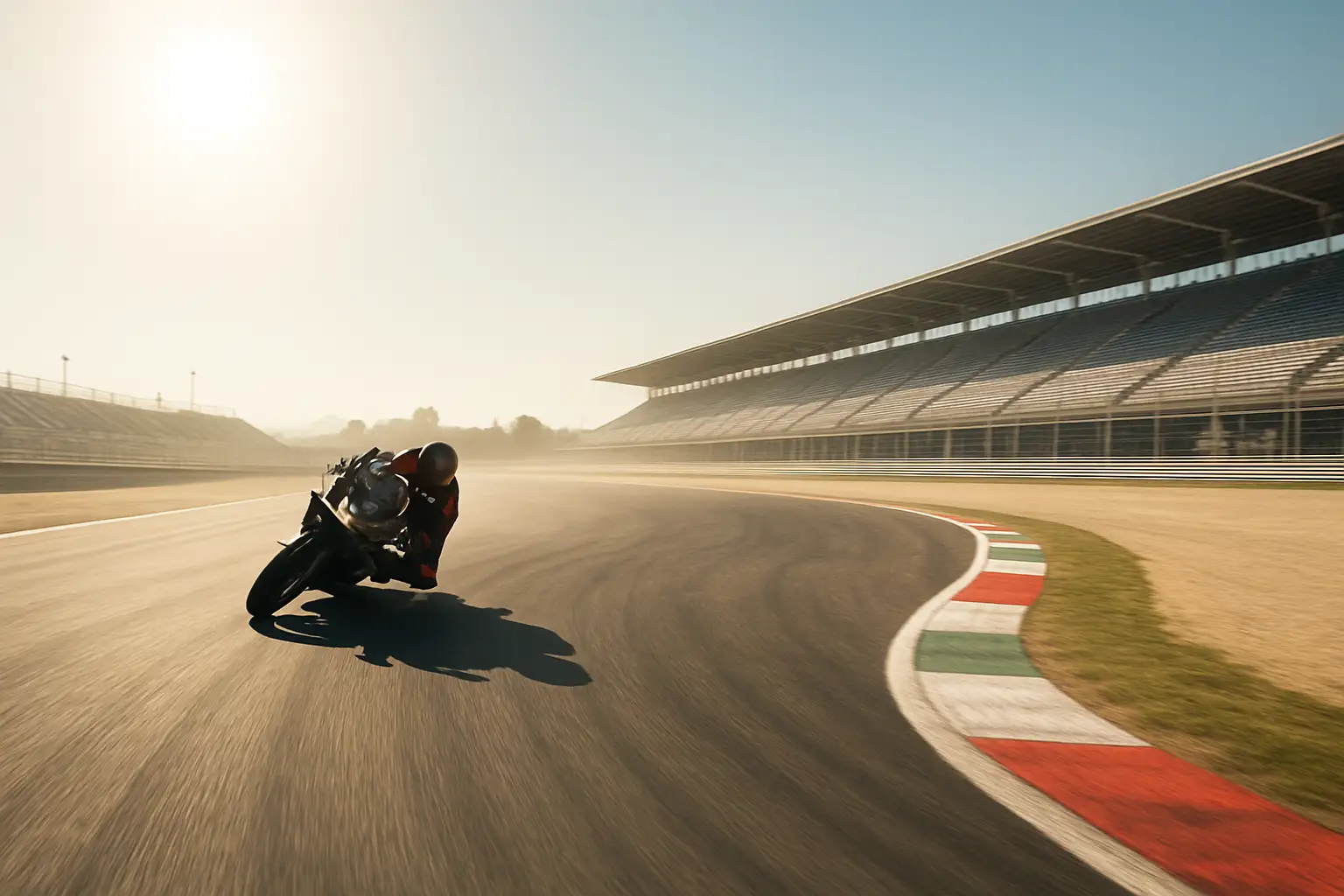 A MotoGP motorcycle cornering at speed on a sun-baked circuit during a summer race