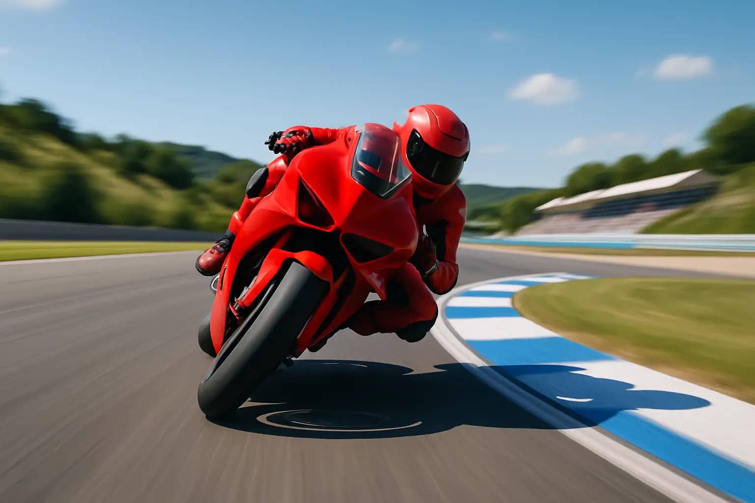 MotoGP rider on a Ducati racing machine leaning through a corner at high speed on a European circuit