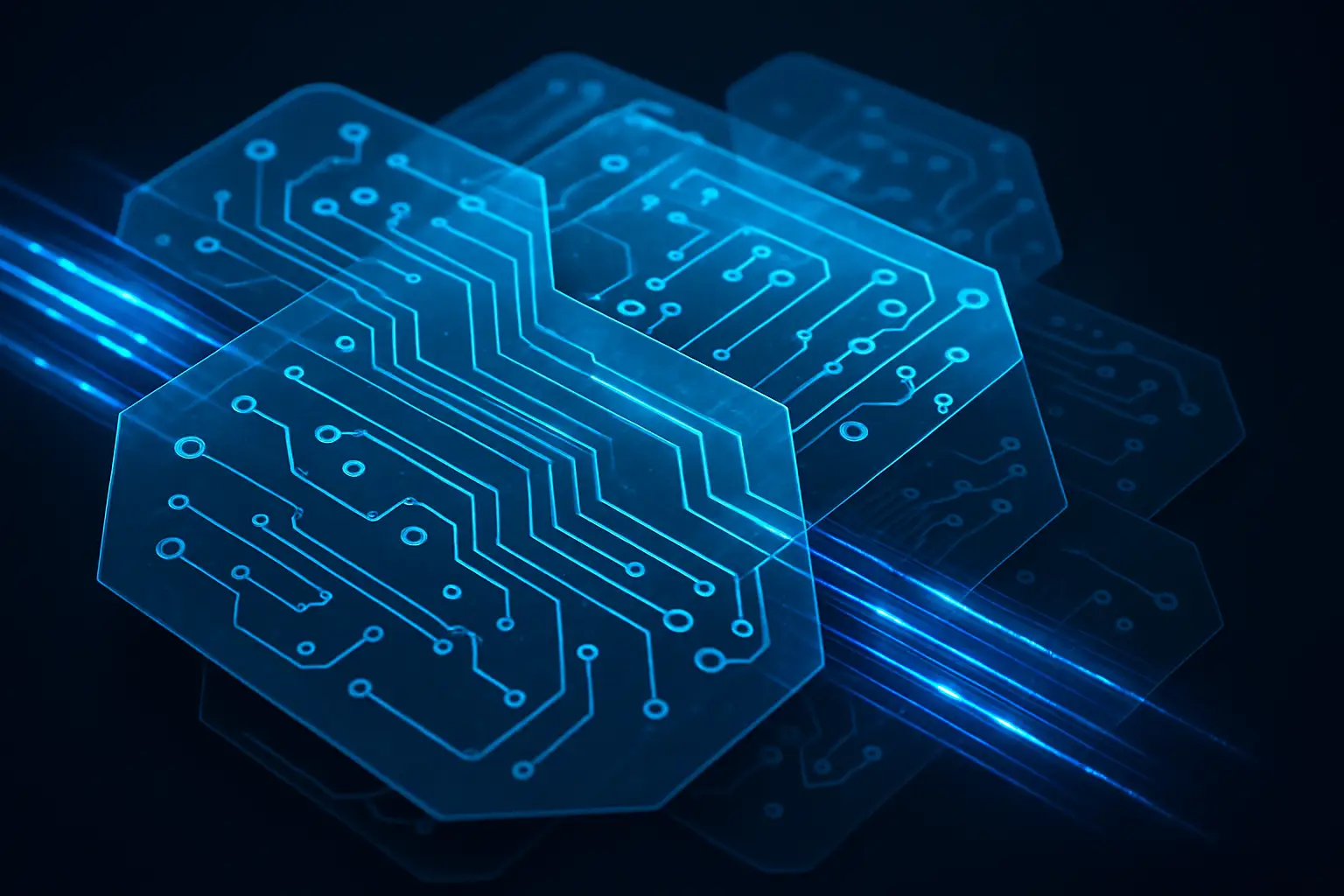 Abstract representation of interconnected circuit boards and data streams symbolizing AI infrastructure