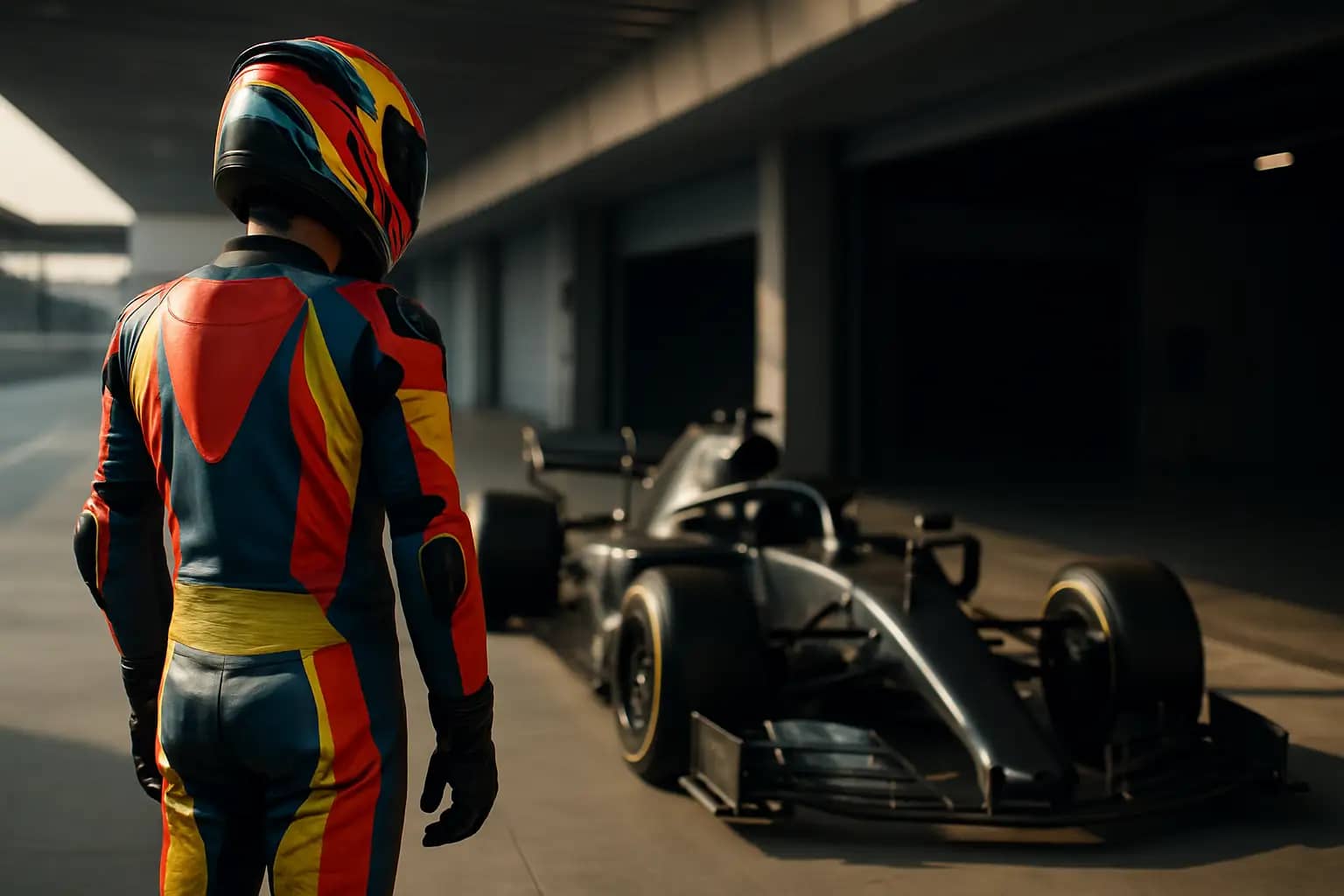 A MotoGP rider in full racing leathers standing beside a Formula 1 car on a pit lane