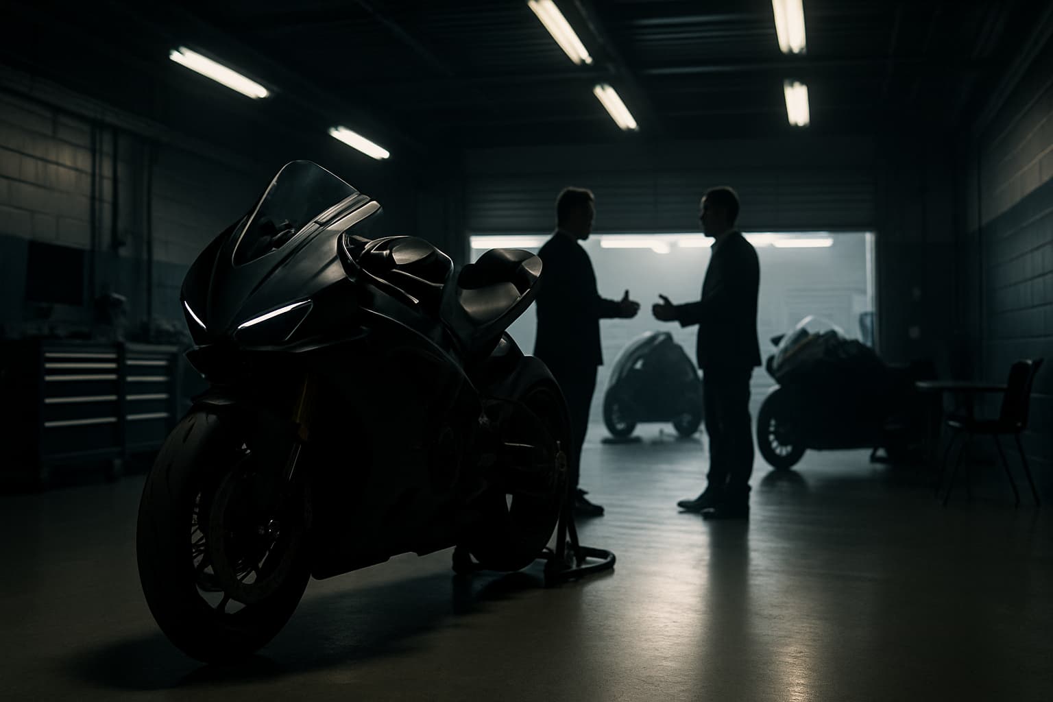 MotoGP rider in racing leathers standing beside a factory superbike in a paddock garage