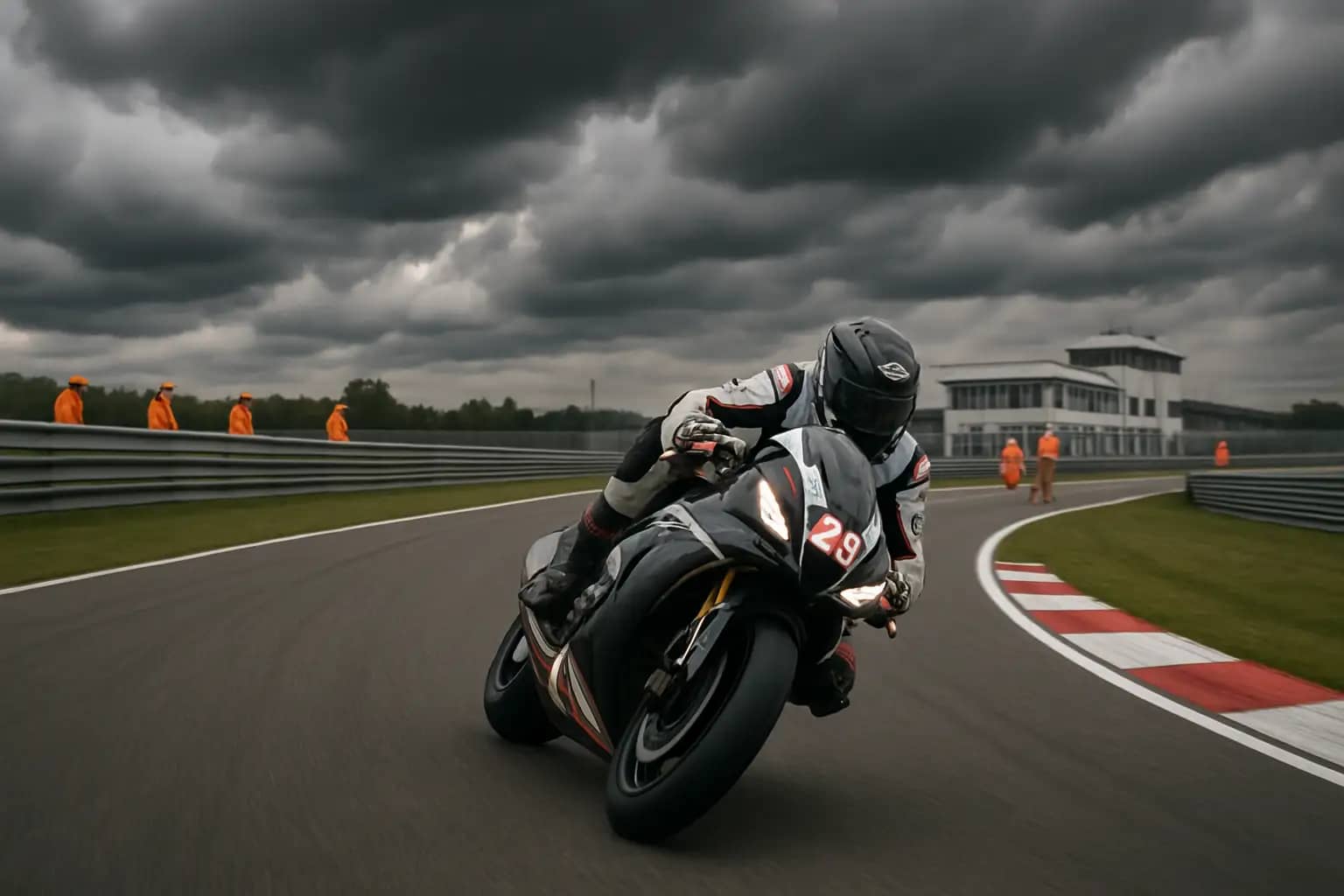 MotoGP rider on track during a sprint race with marshals visible in the background
