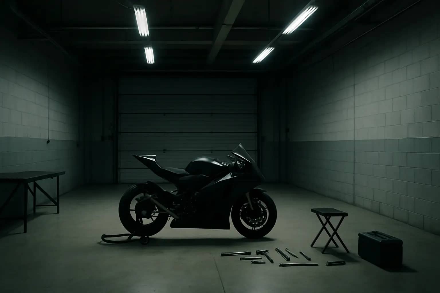 A MotoGP motorcycle on a pit lane with mechanics working around it, representing team uncertainty