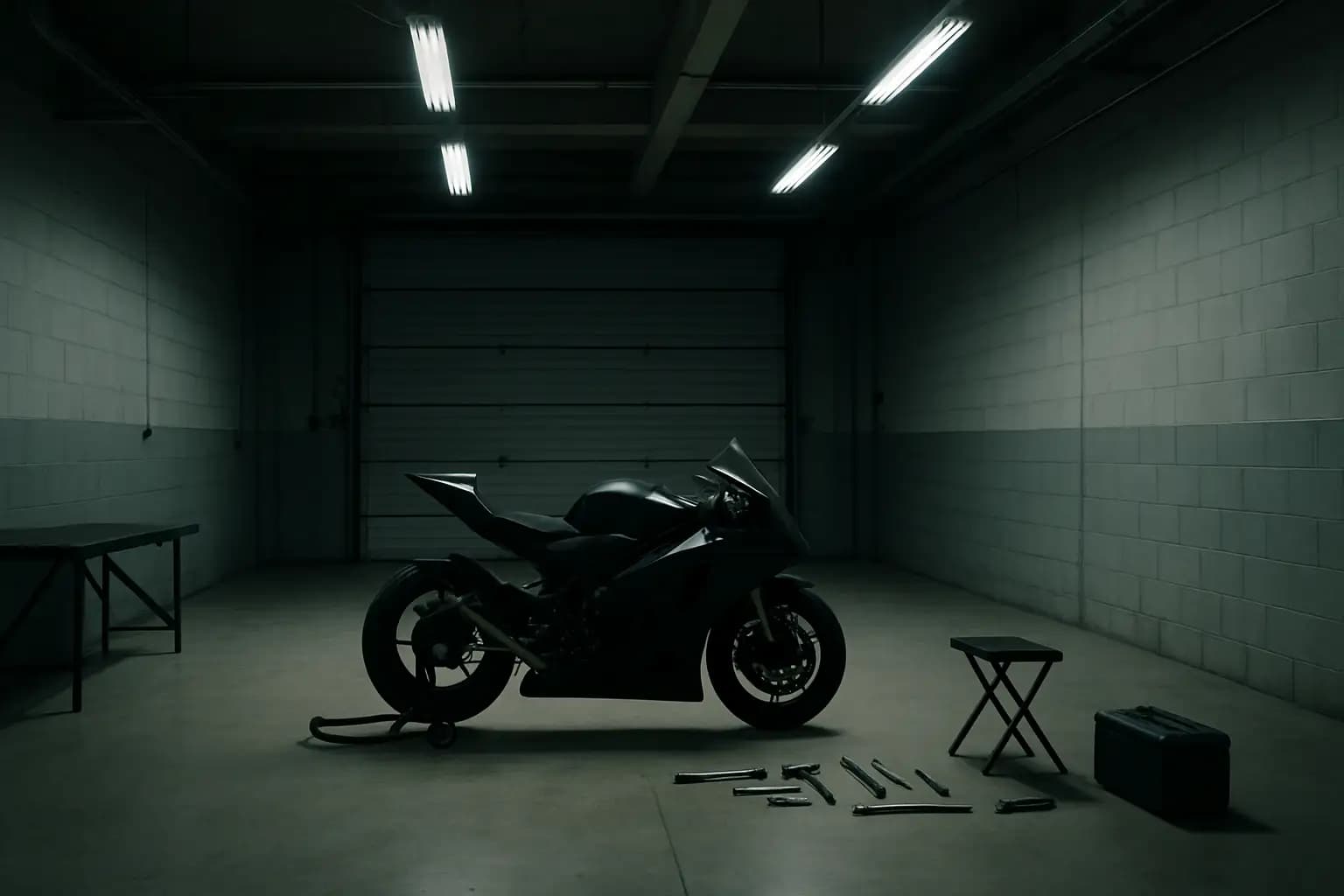 A MotoGP motorcycle on a pit lane with mechanics working around it, representing team uncertainty