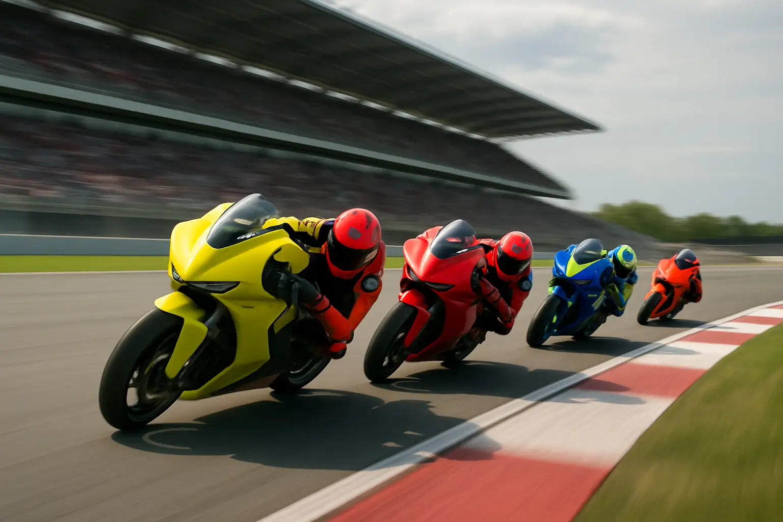 MotoGP prototype motorcycles racing through a high-speed corner at a international circuit