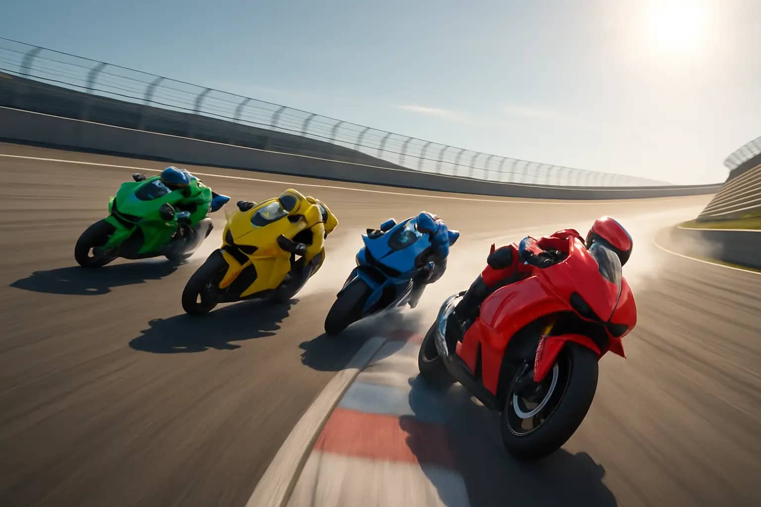 MotoGP prototype motorcycles racing through a high-speed corner on a modern circuit