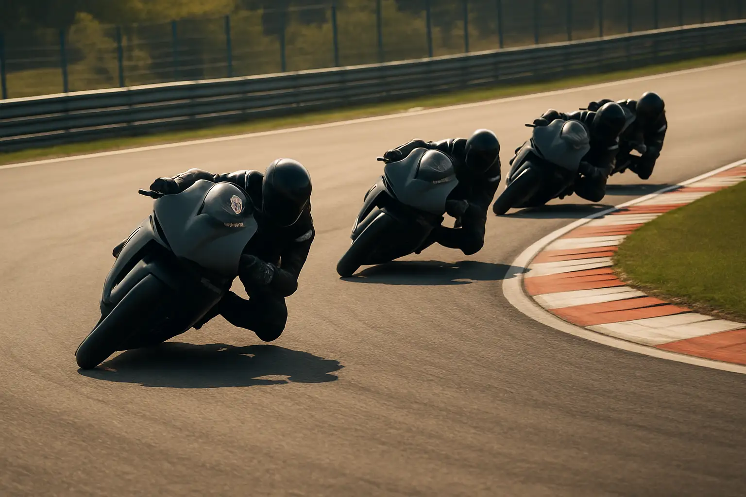MotoGP prototype motorcycles racing through a high-speed corner on a purpose-built circuit