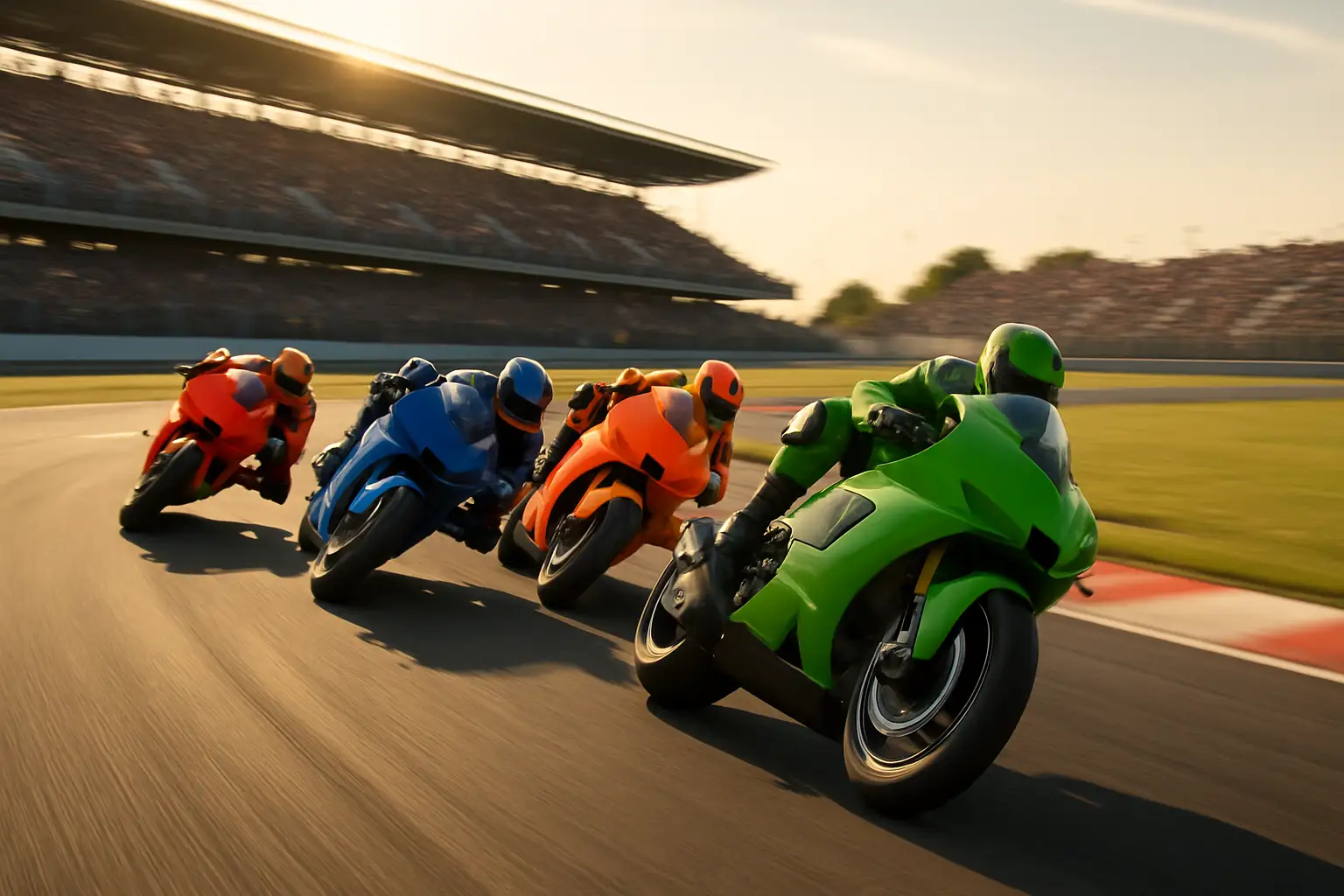 MotoGP prototype motorcycles racing through a sweeping corner on a modern circuit