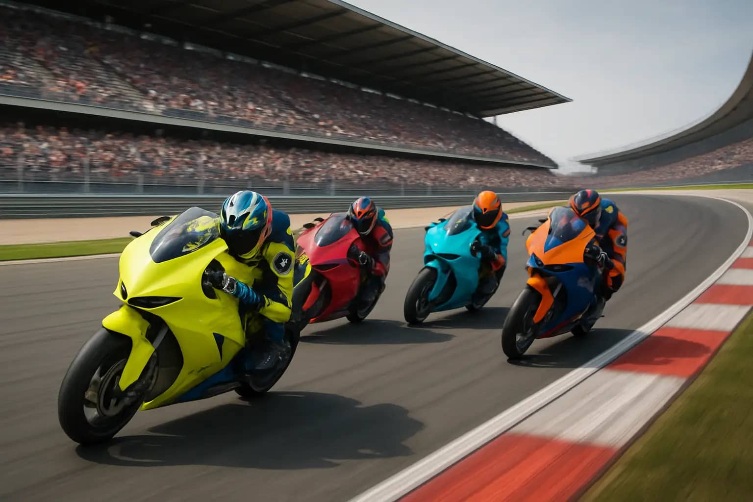 MotoGP prototype motorcycles racing closely together through a fast corner on a modern circuit