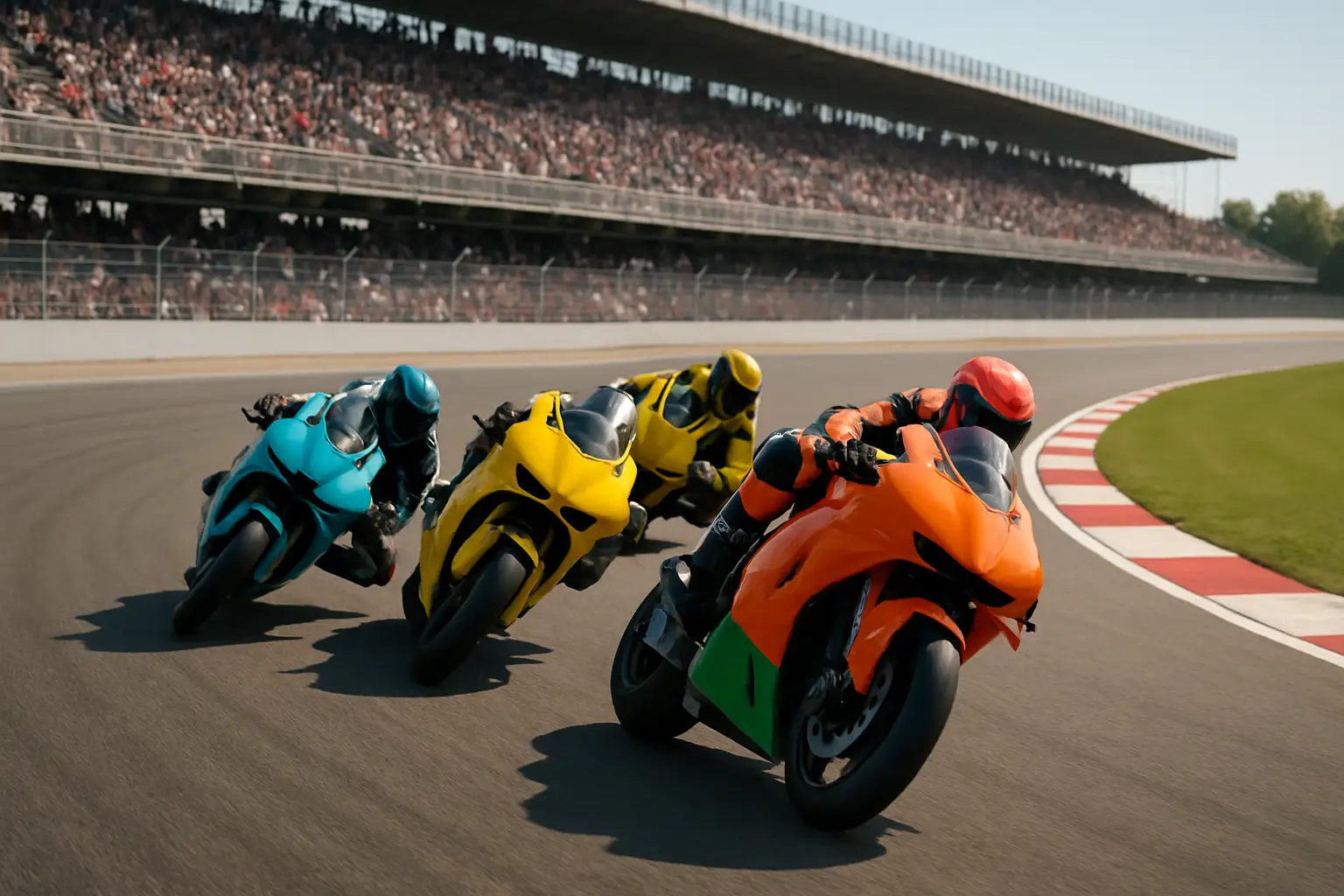 MotoGP prototype motorcycles racing side by side on a circuit