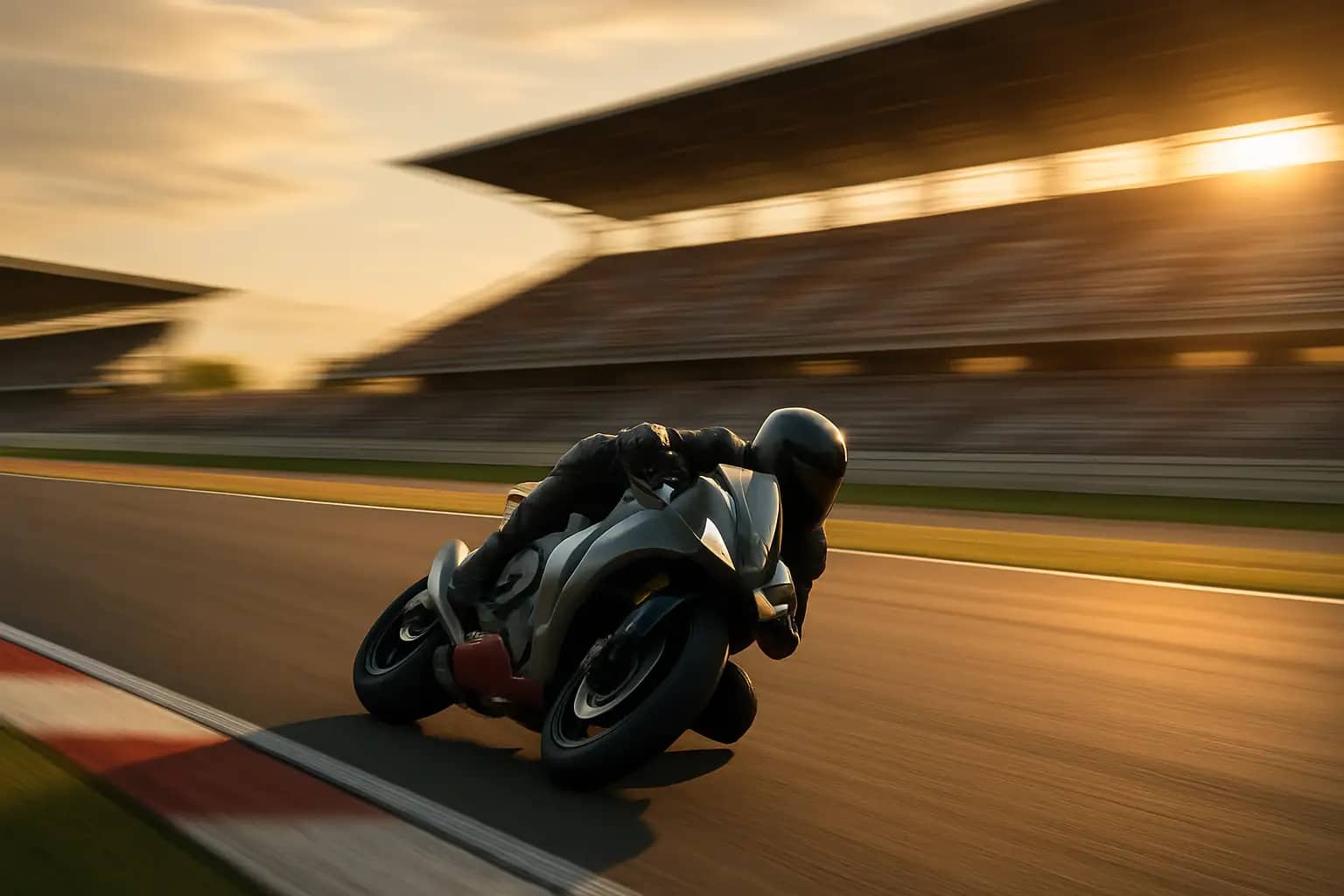 MotoGP prototype motorcycle leaning through a corner at high speed on a race circuit