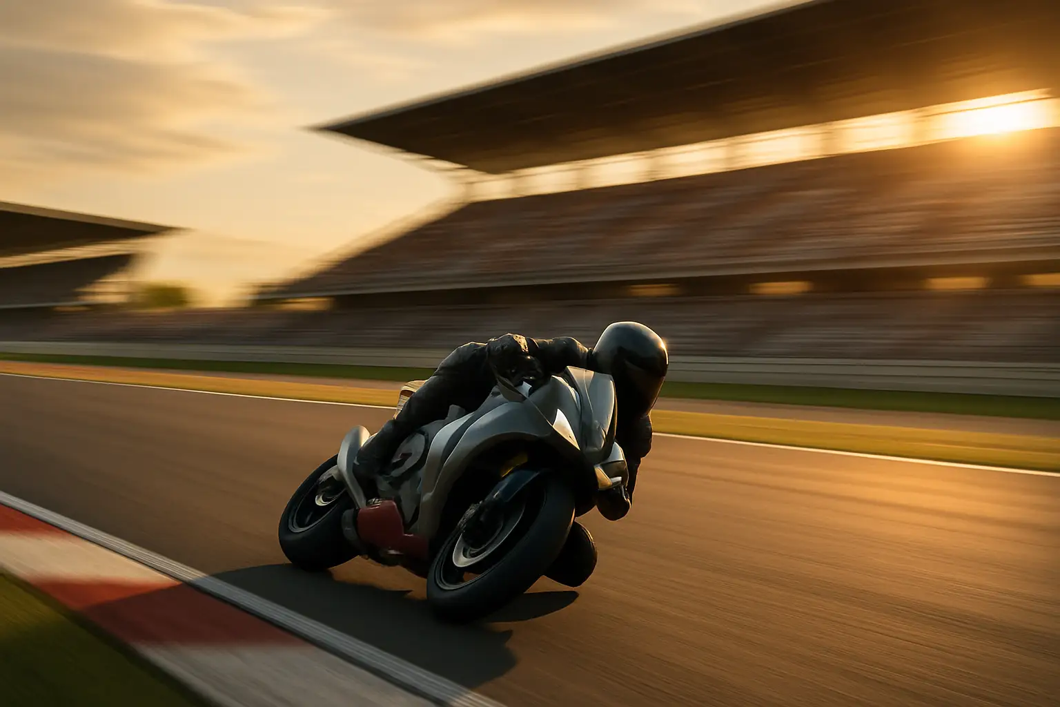 MotoGP prototype motorcycle leaning through a corner at high speed on a race circuit