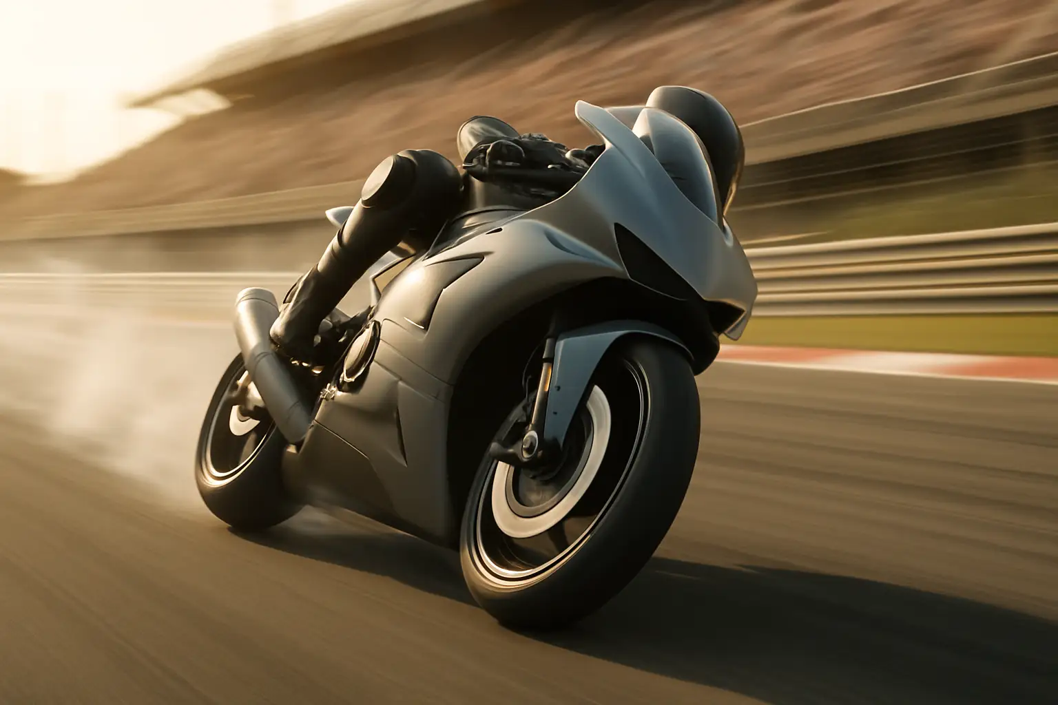 MotoGP prototype motorcycle leaning through a high-speed corner on a race circuit