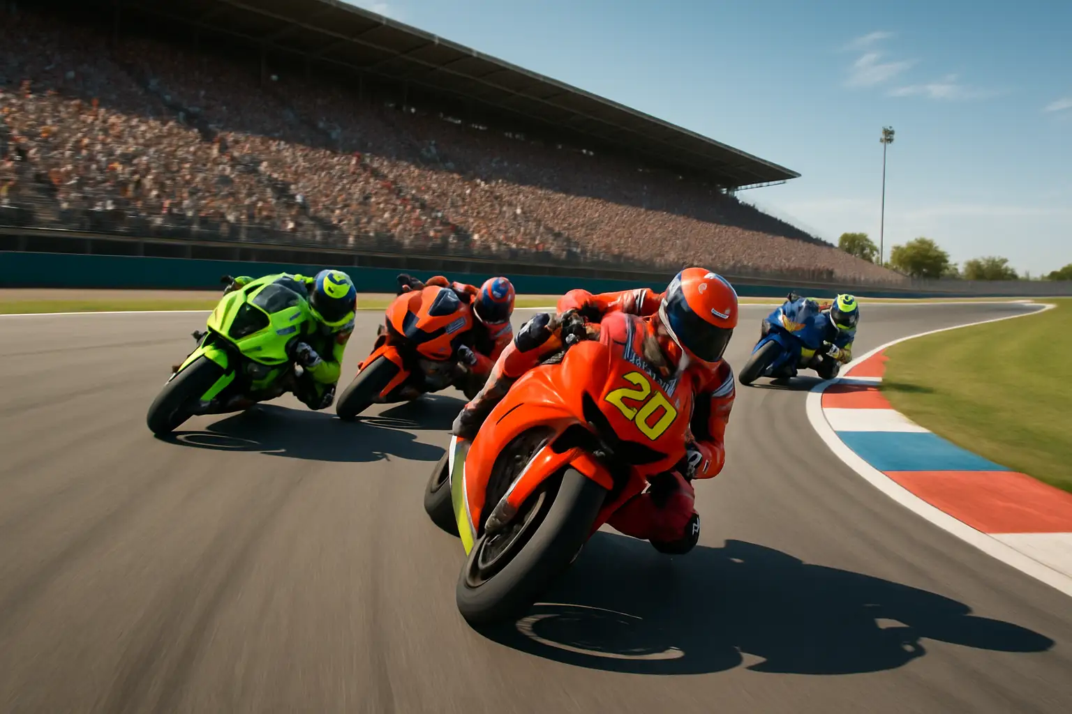 MotoGP motorcycles racing at high speed on a circuit with grandstands in the background