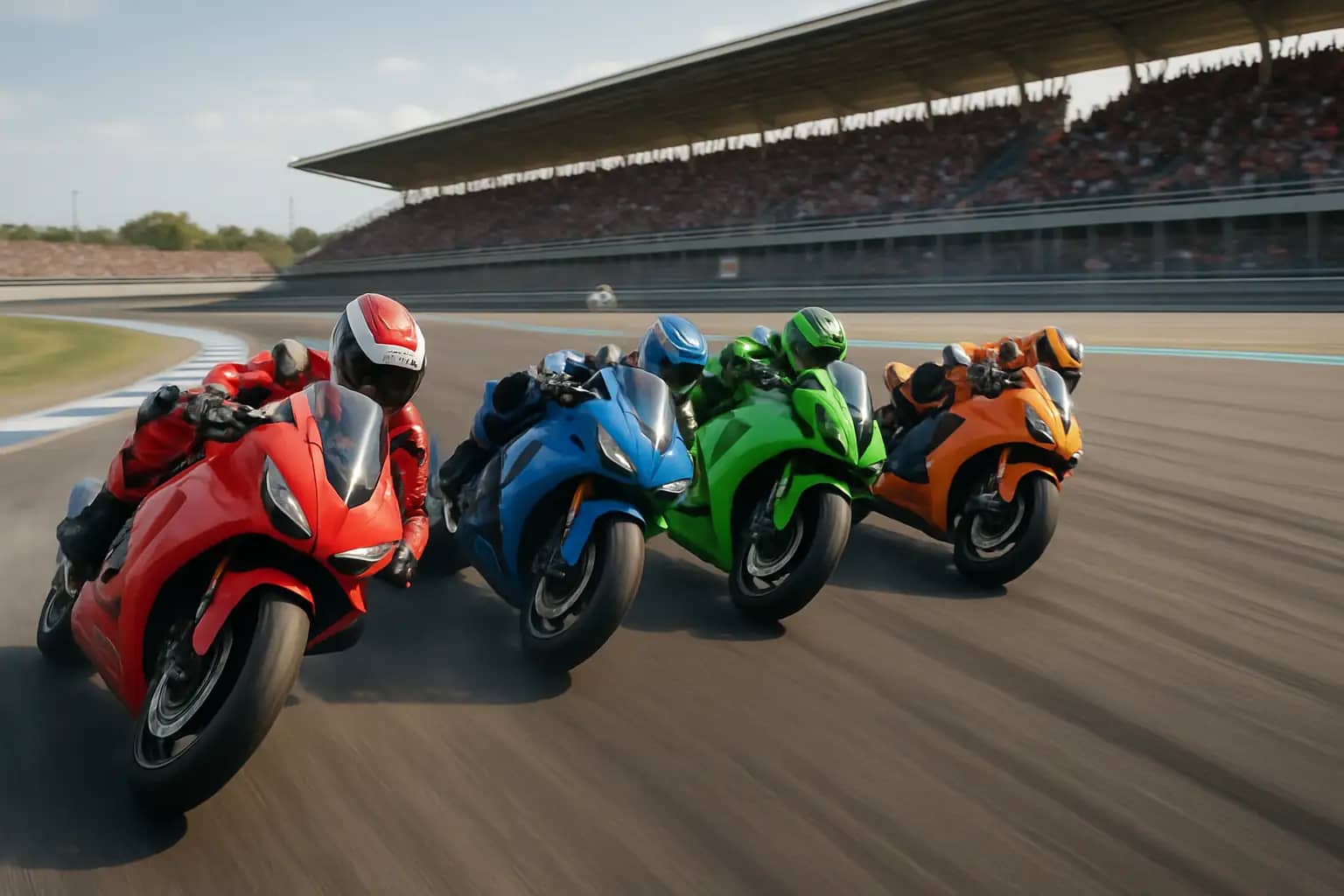 MotoGP motorcycles racing closely together through a fast corner on a purpose-built circuit