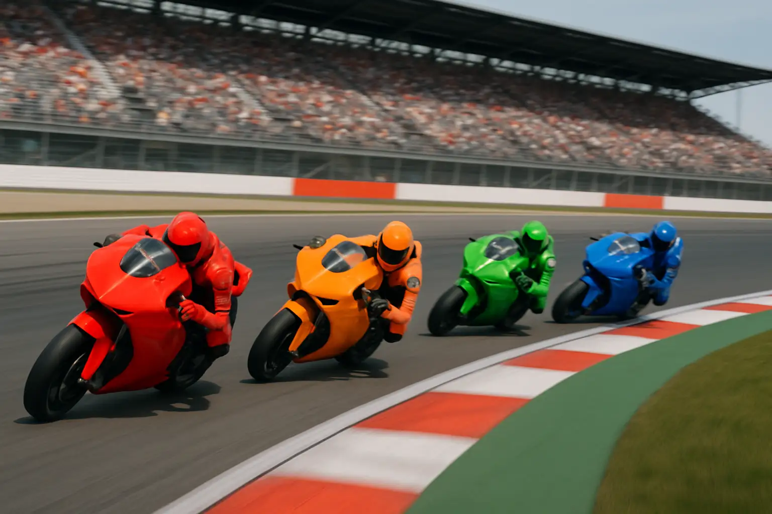 MotoGP prototype motorcycles racing at high speed on a purpose-built circuit
