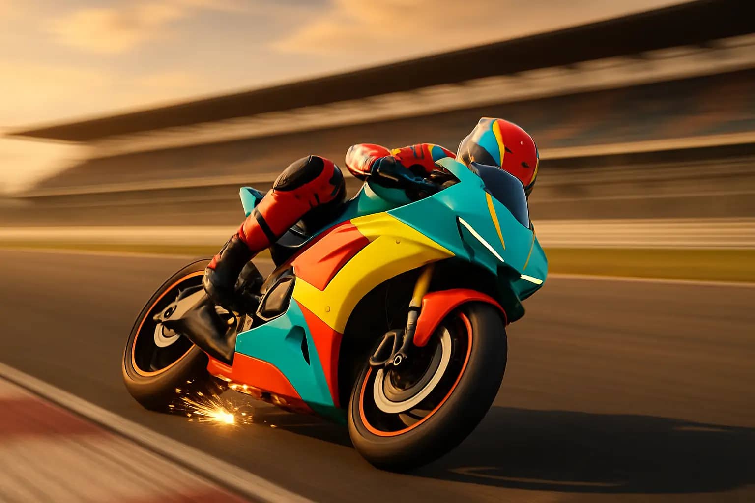 MotoGP prototype motorcycle leaning through a high-speed corner on a race circuit
