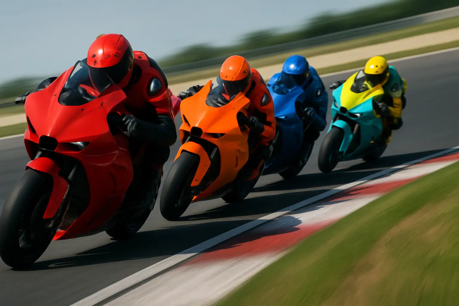 MotoGP prototype motorcycles racing closely through a circuit corner