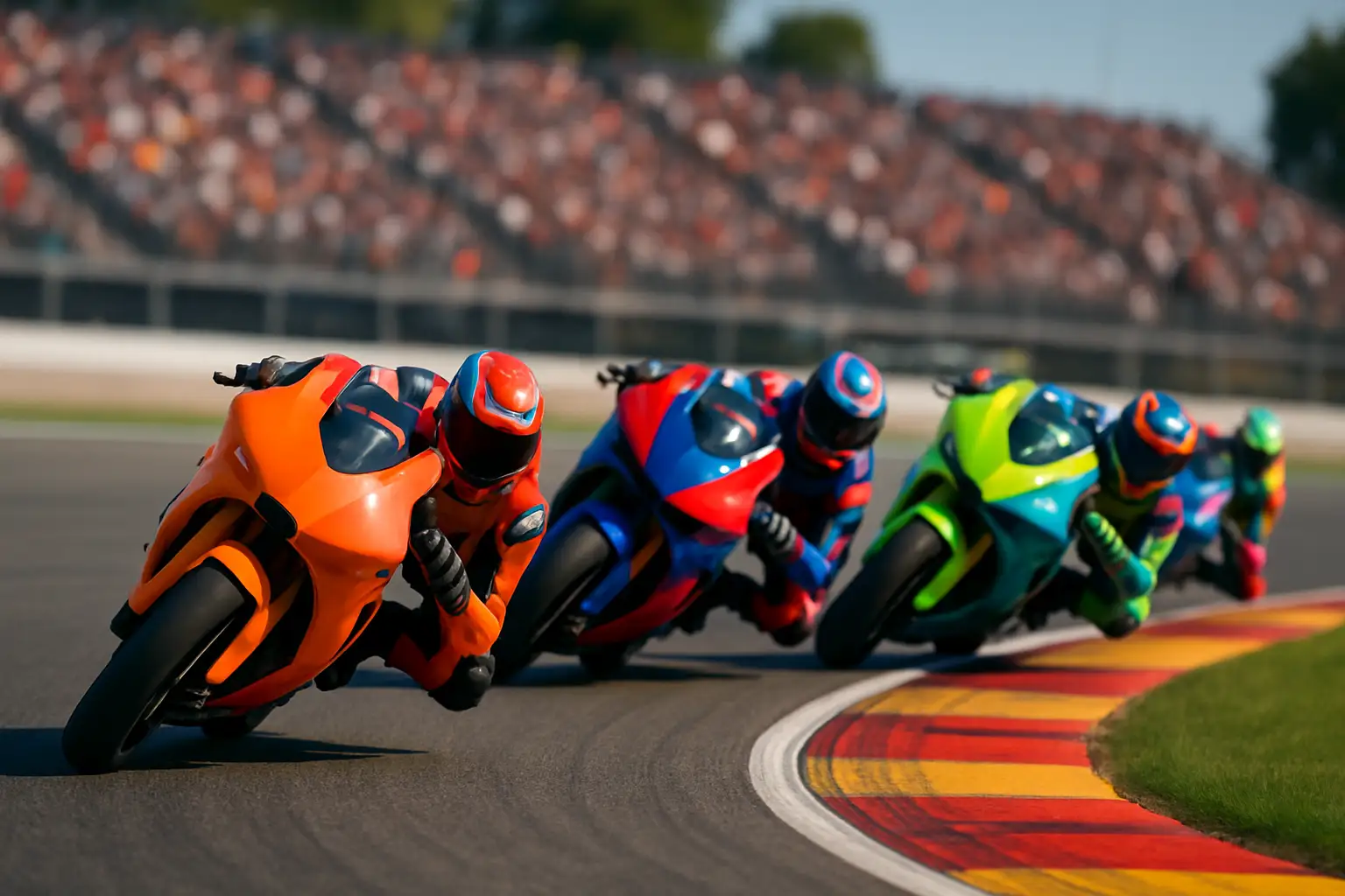 MotoGP prototype motorcycles racing through a high-speed corner on a modern circuit
