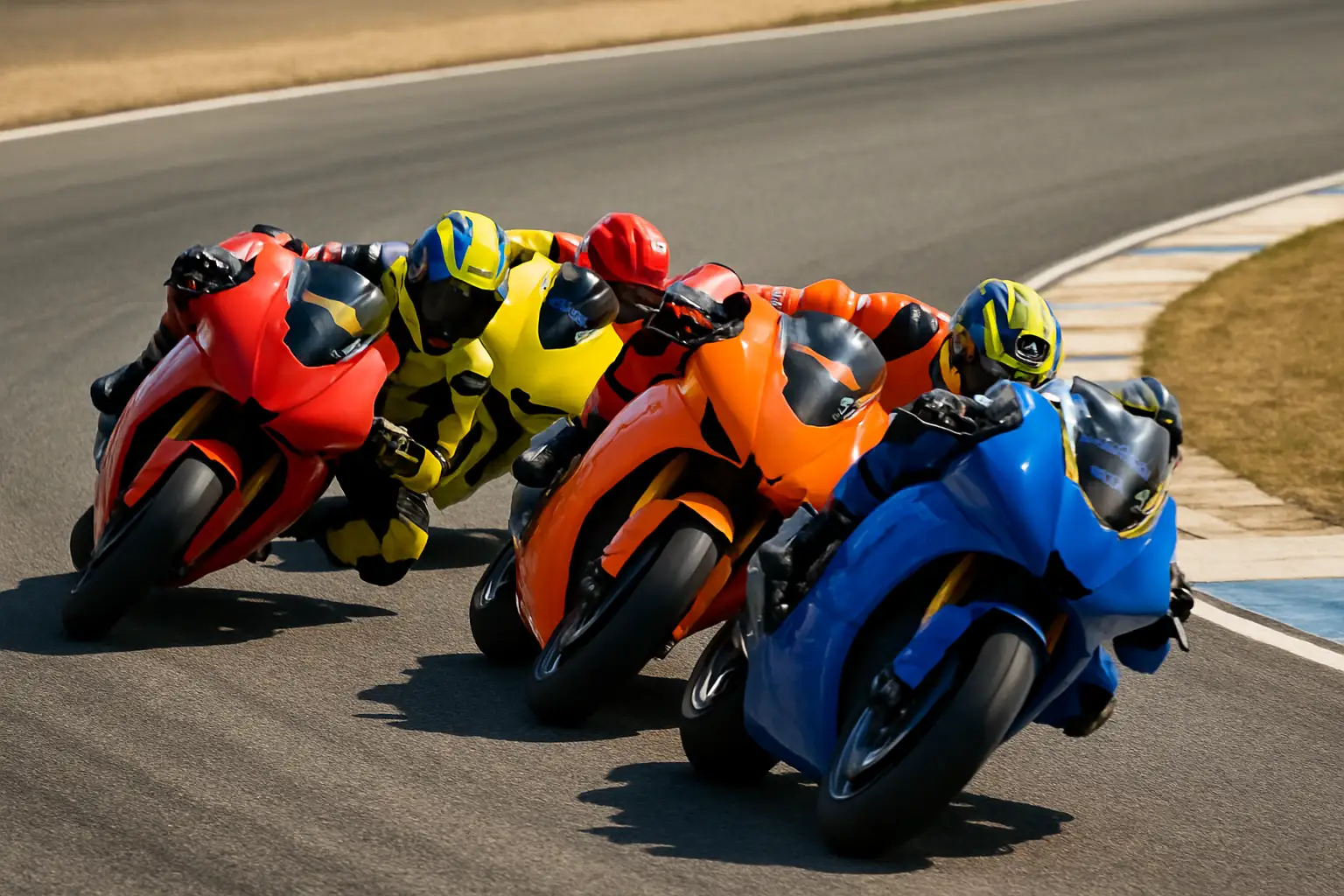 MotoGP prototype motorcycles racing through a corner on a modern circuit