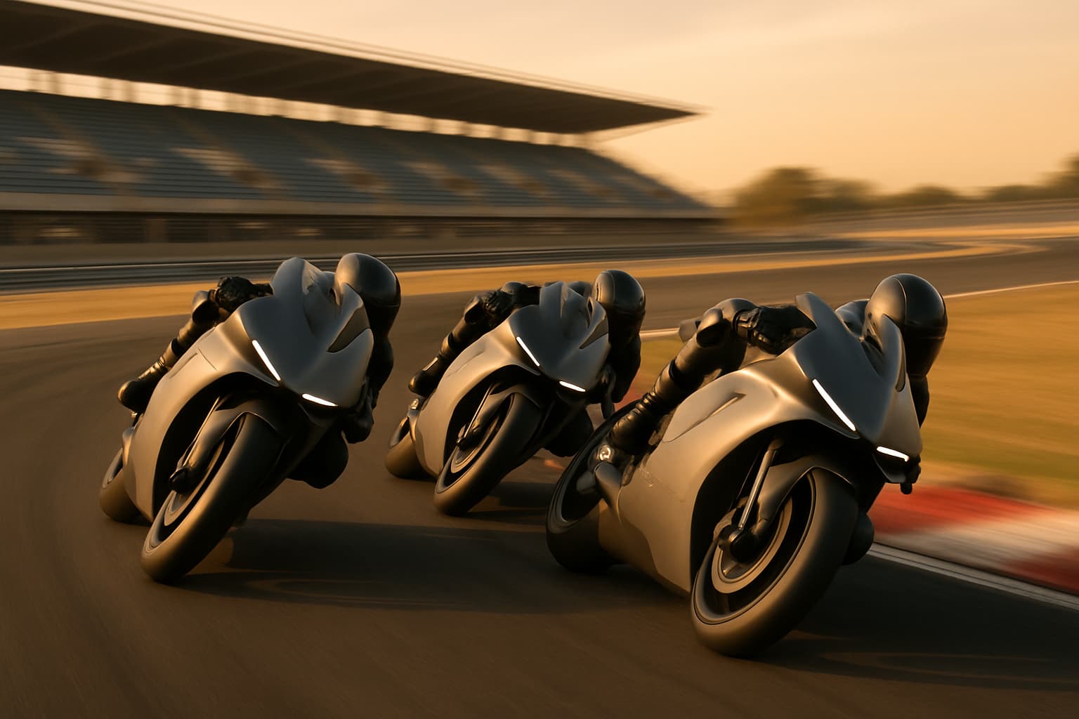 MotoGP prototype motorcycles racing at high speed on a circuit