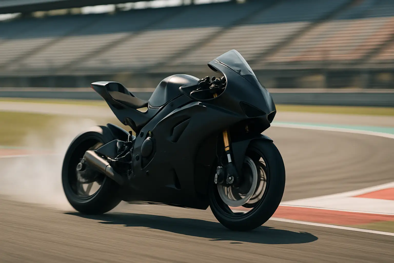 MotoGP prototype motorcycle leaning through a corner on a racing circuit