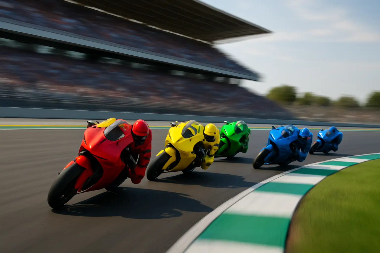 MotoGP prototype motorcycles racing on a circuit at high speed