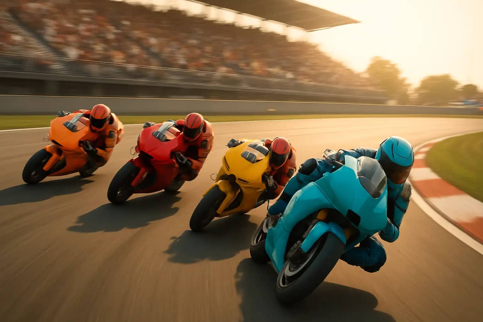 MotoGP prototype motorcycles racing through a corner on a Grand Prix circuit