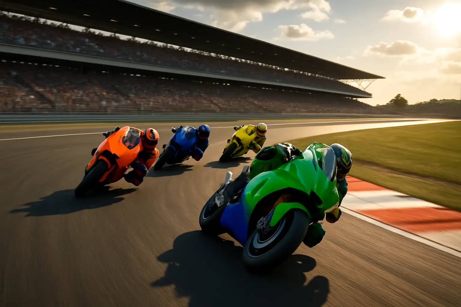 MotoGP prototype motorcycles racing through a high-speed corner on a modern circuit