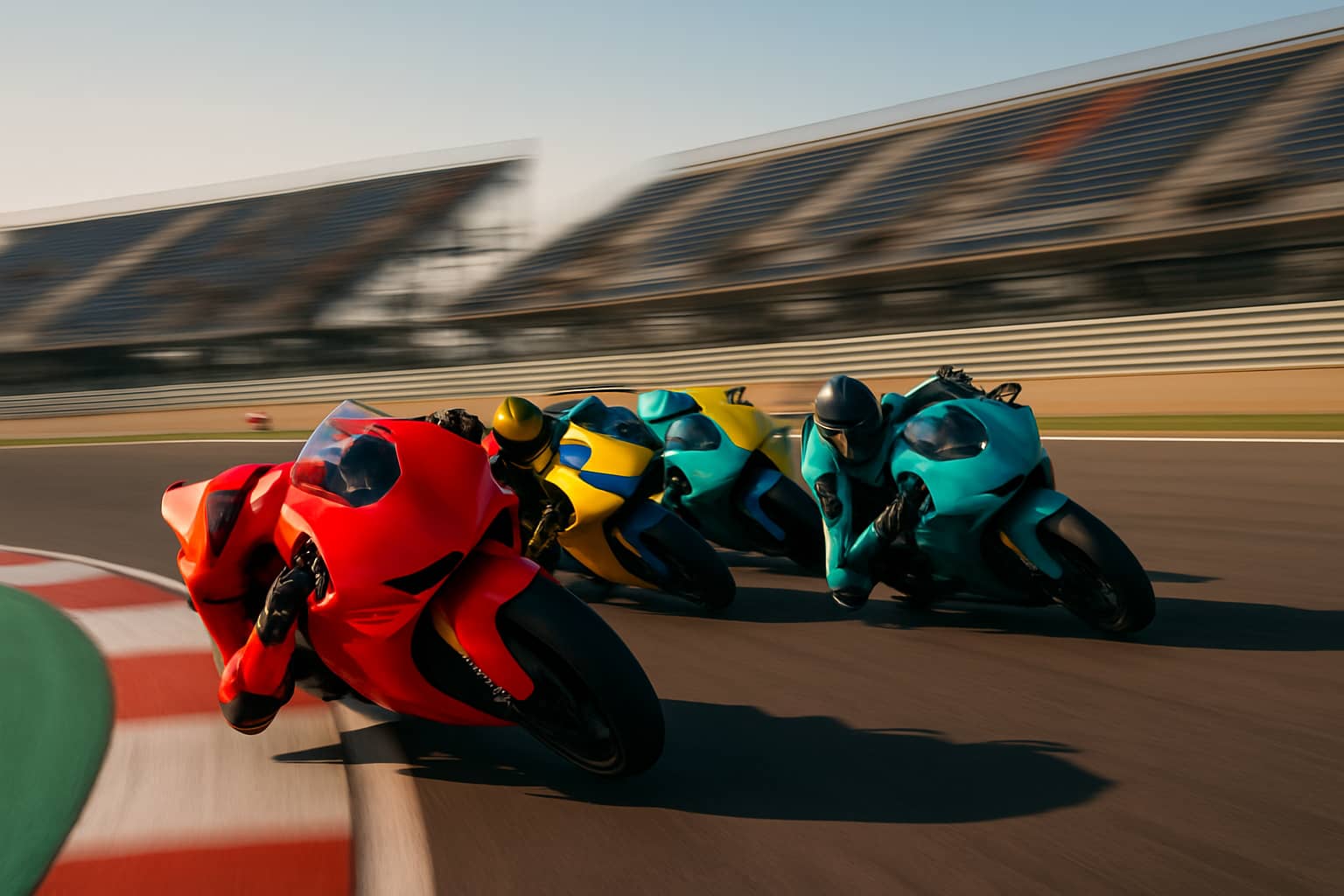 MotoGP motorcycles racing closely together on a modern Grand Prix circuit