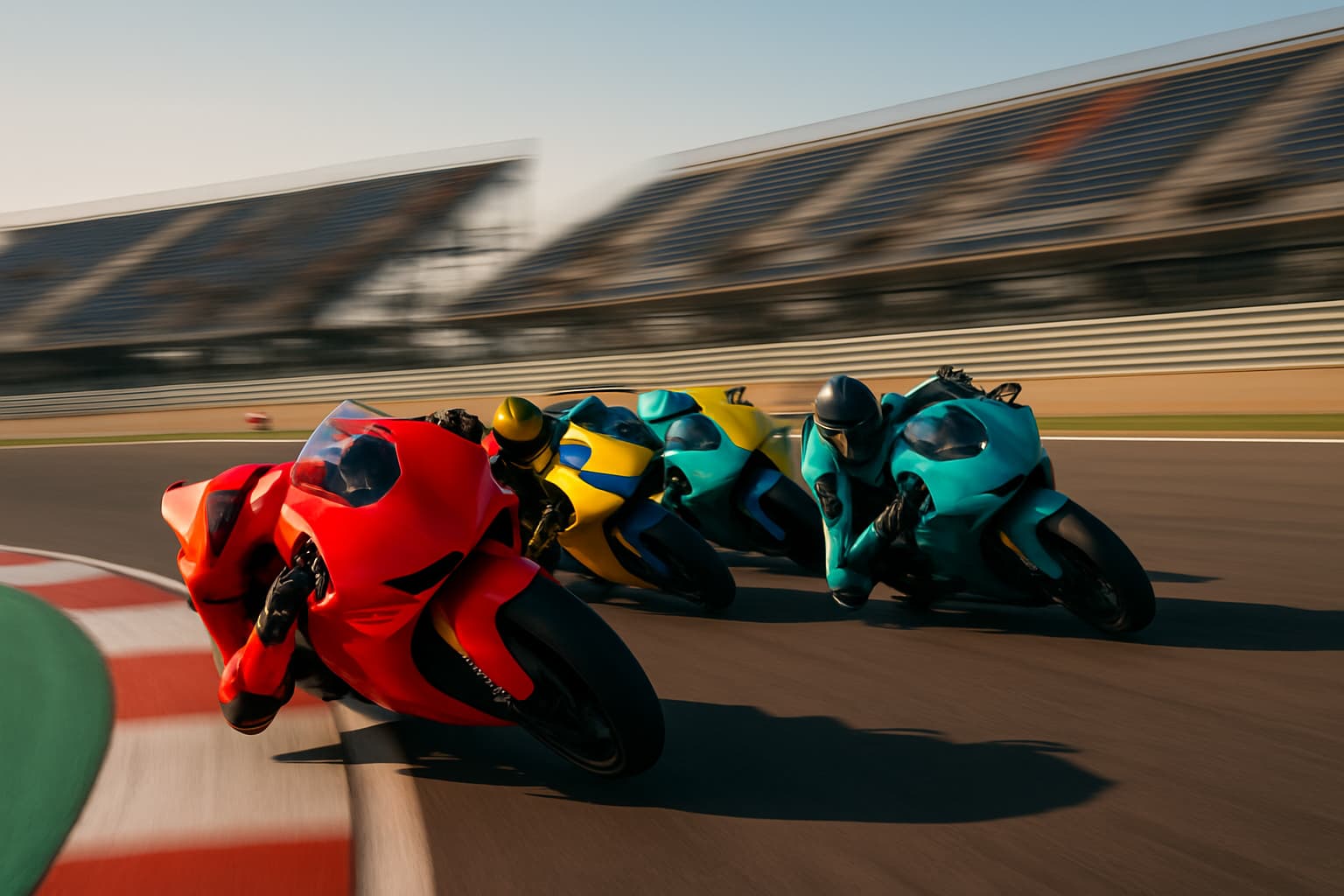 MotoGP motorcycles racing closely together on a modern Grand Prix circuit