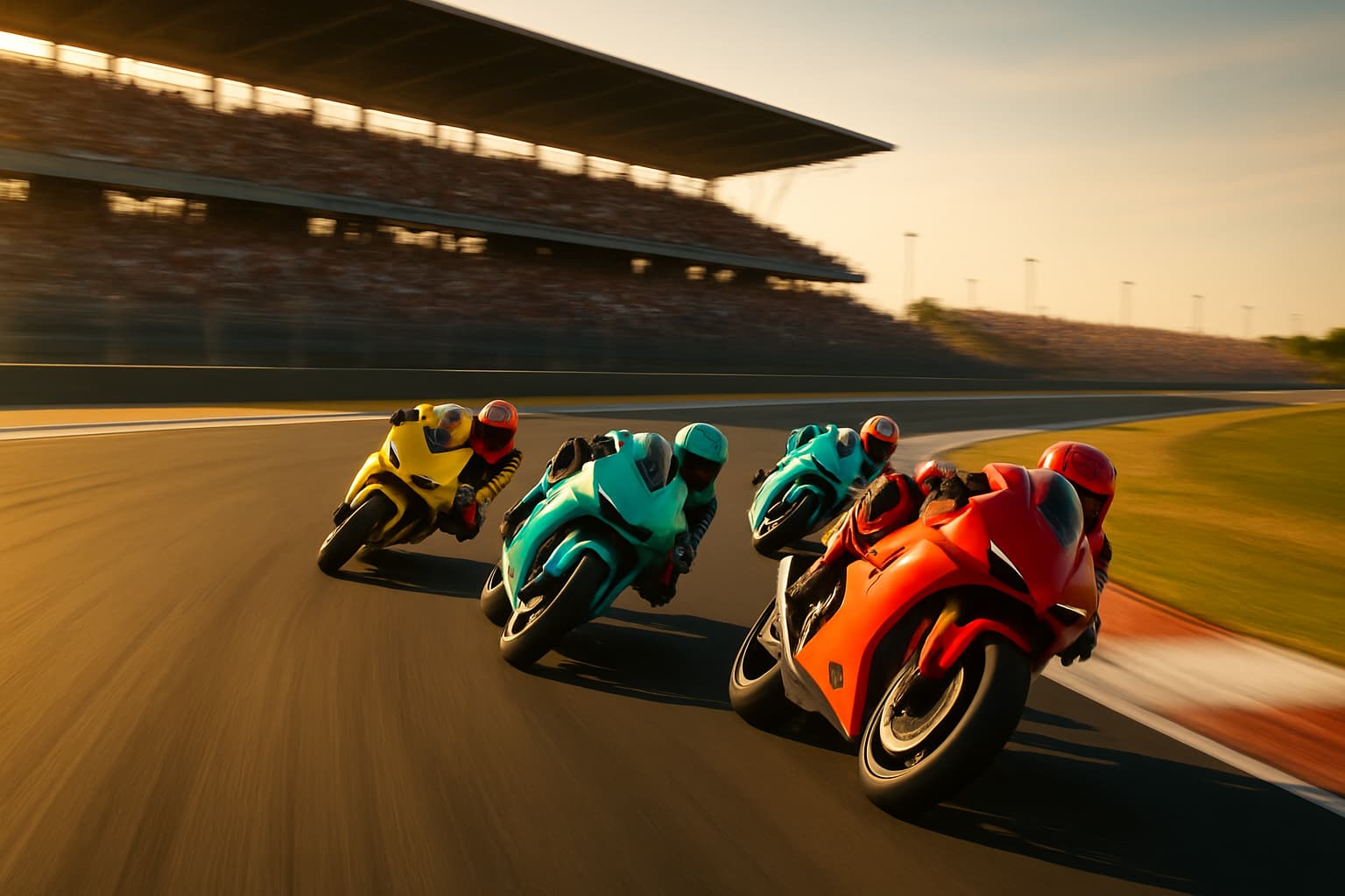 MotoGP prototype motorcycles racing at high speed on a purpose-built Grand Prix circuit