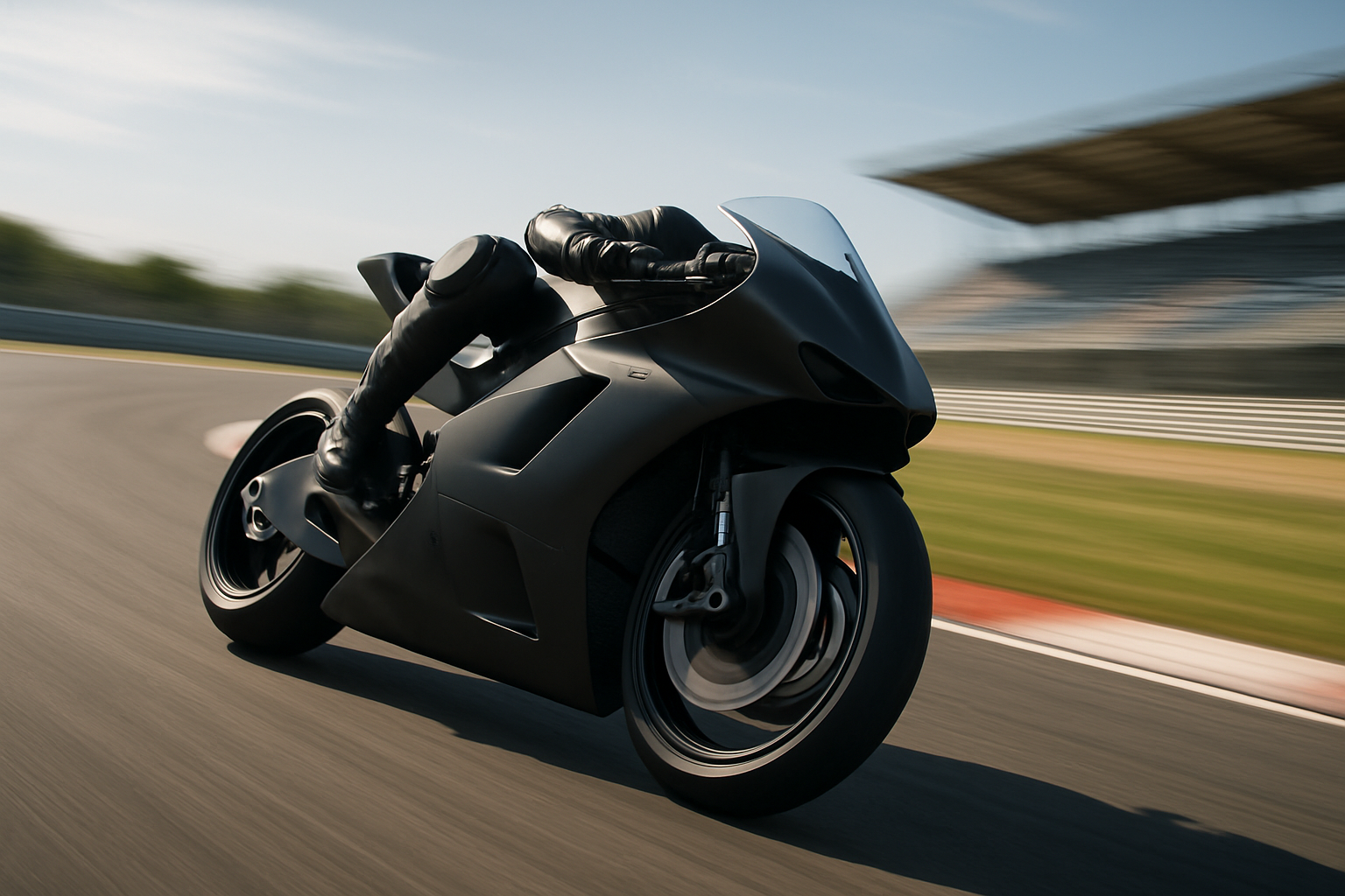 MotoGP prototype motorcycle leaning through a high-speed corner on a racing circuit