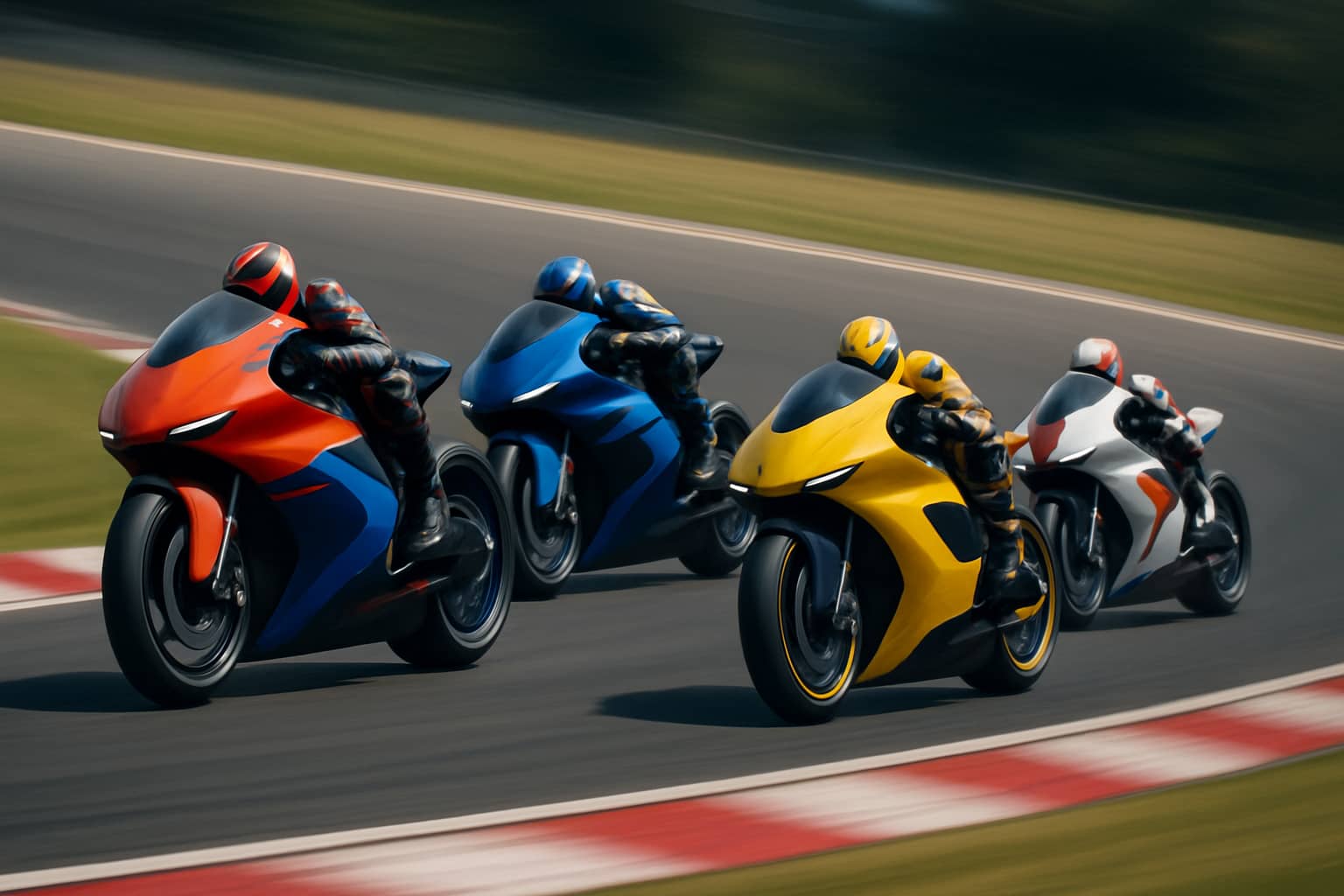 MotoGP prototype motorcycles racing on a circuit at high speed