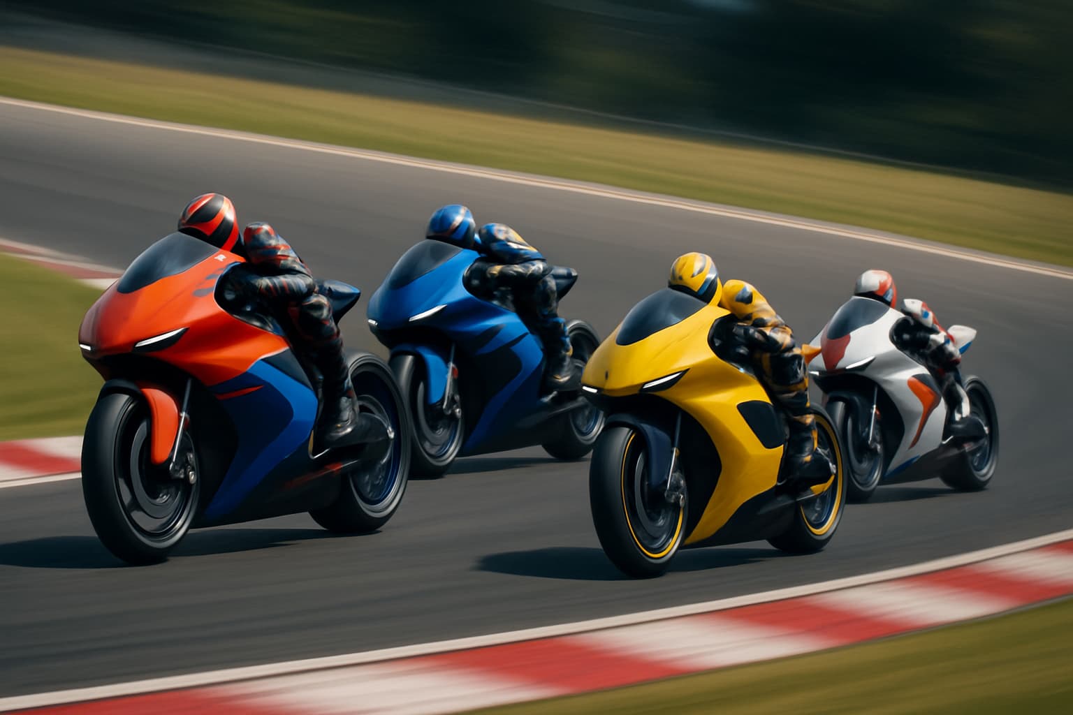 MotoGP prototype motorcycles racing on a circuit at high speed