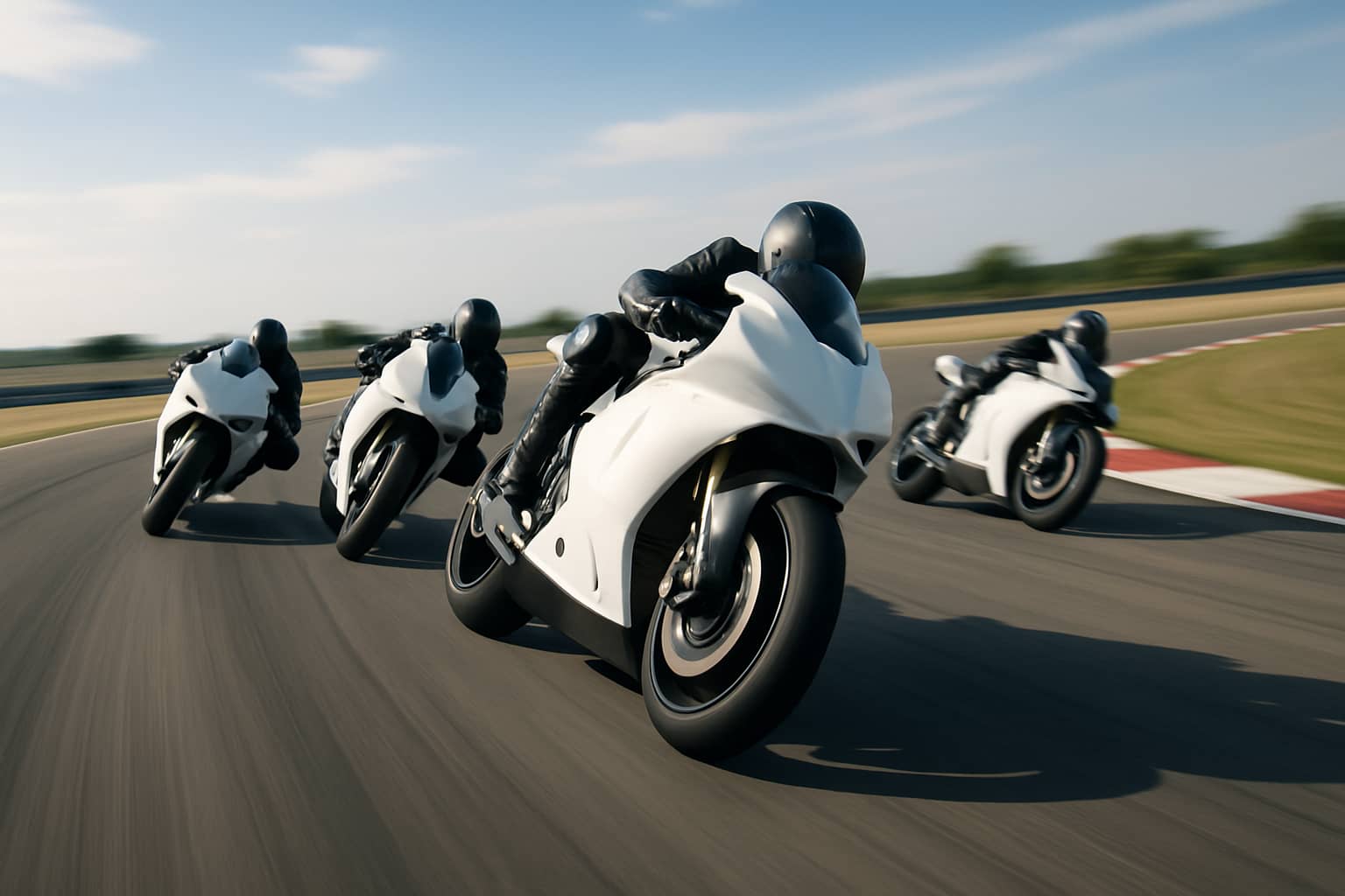 MotoGP prototype motorcycles racing on a circuit at high speed