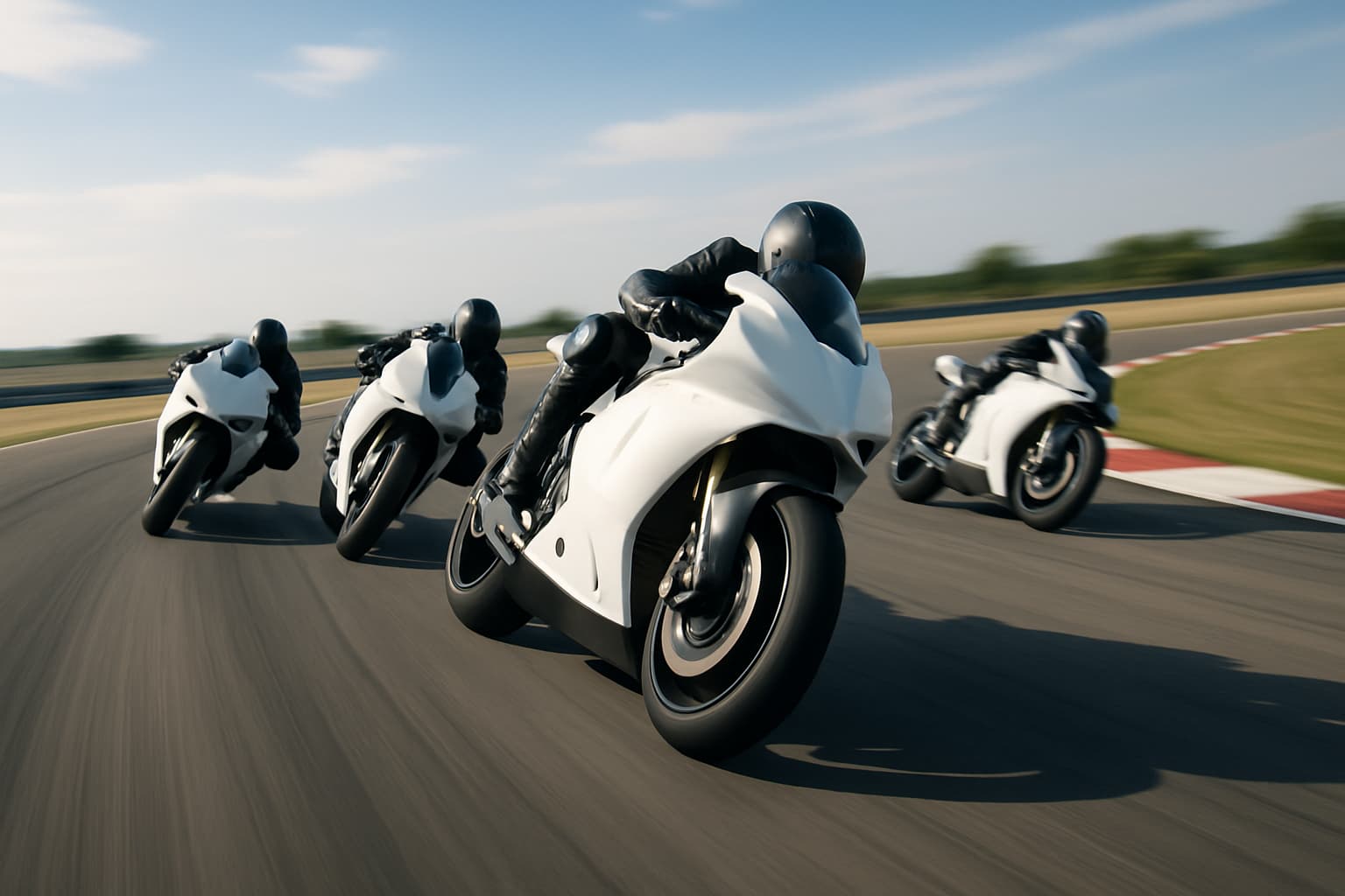 MotoGP prototype motorcycles racing on a circuit at high speed