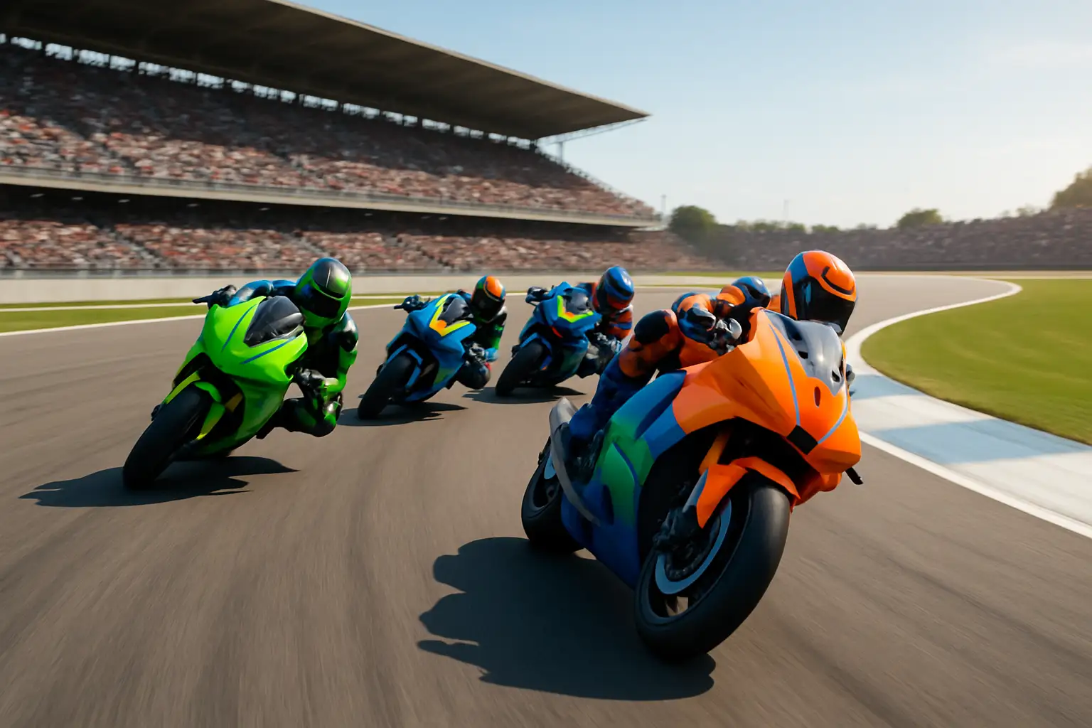 MotoGP prototype motorcycles racing at speed on a modern circuit