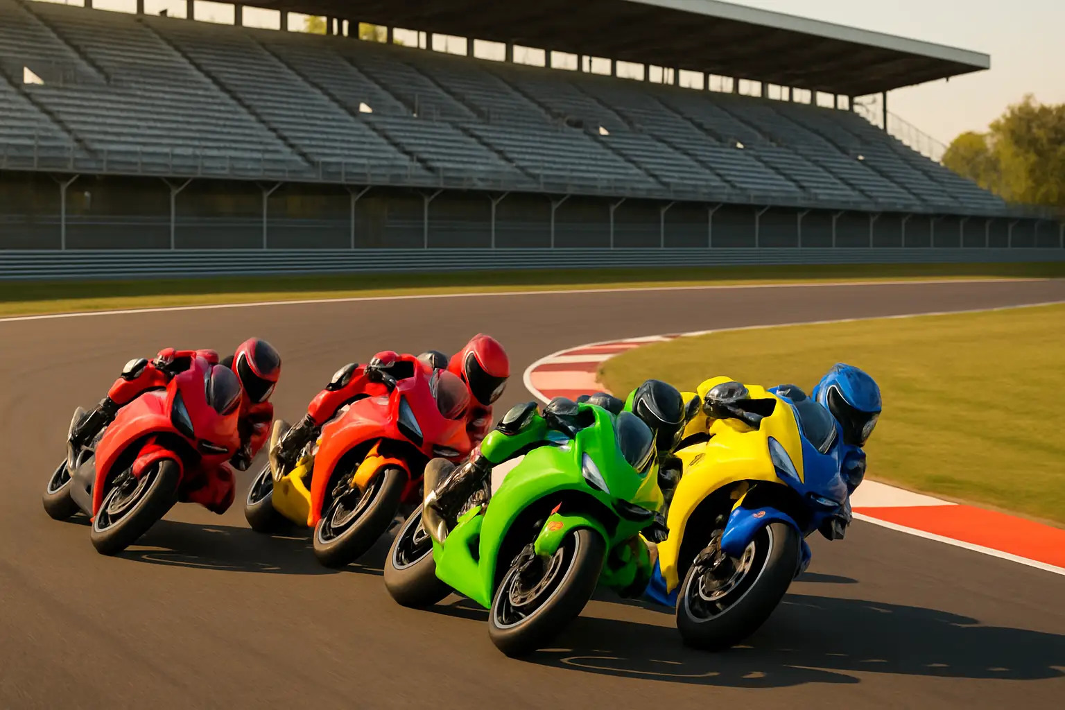 MotoGP bikes racing closely through a corner on a sunlit circuit