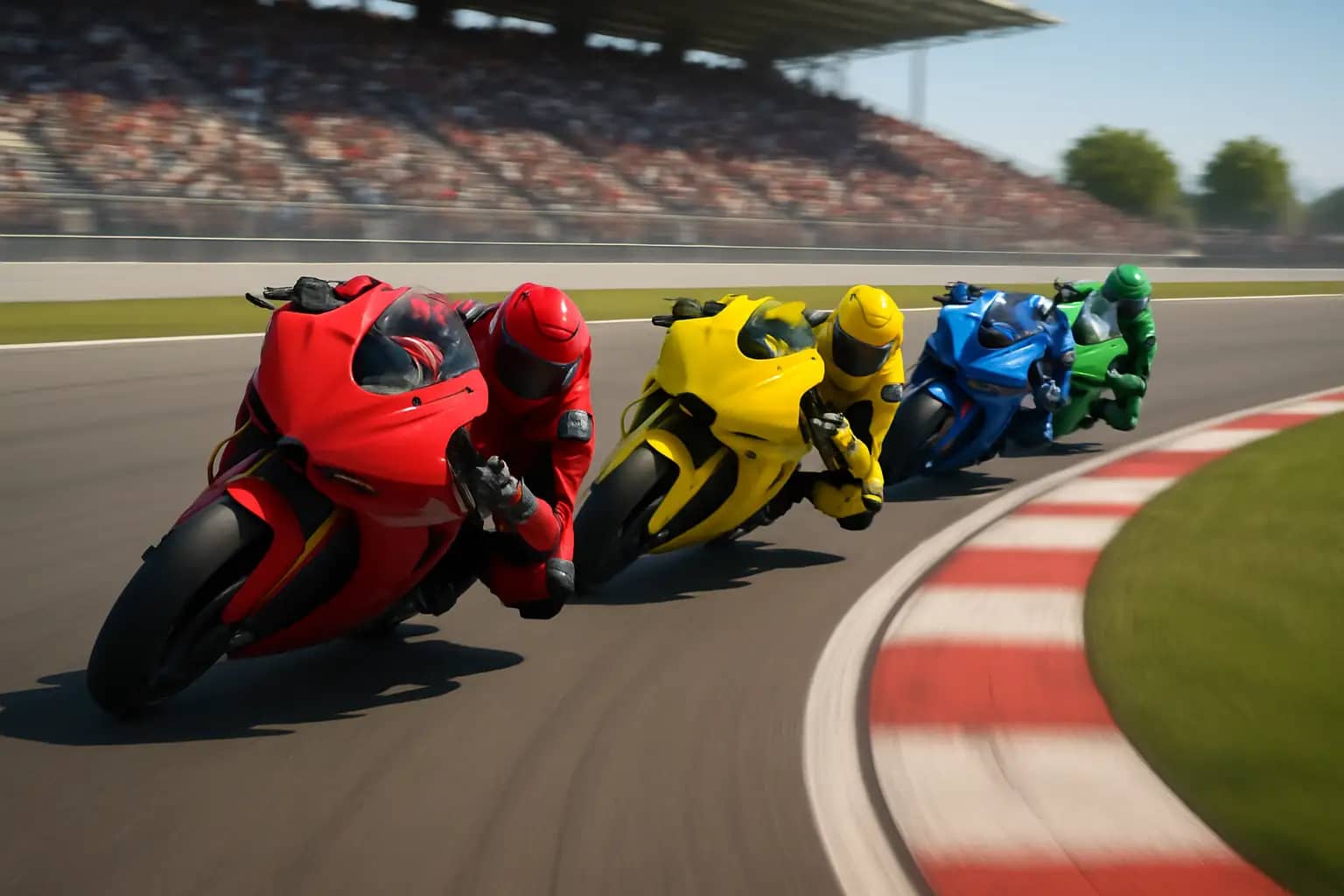 MotoGP prototype motorcycles racing through a fast corner on a modern circuit
