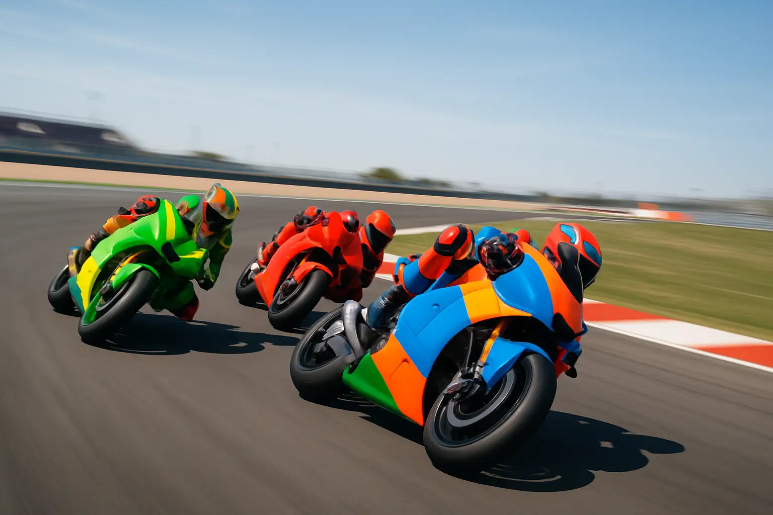 MotoGP prototype motorcycles racing on a circuit under bright daylight