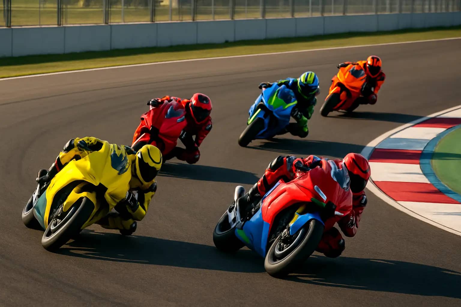 MotoGP prototype motorcycles racing through a corner on a sunlit circuit
