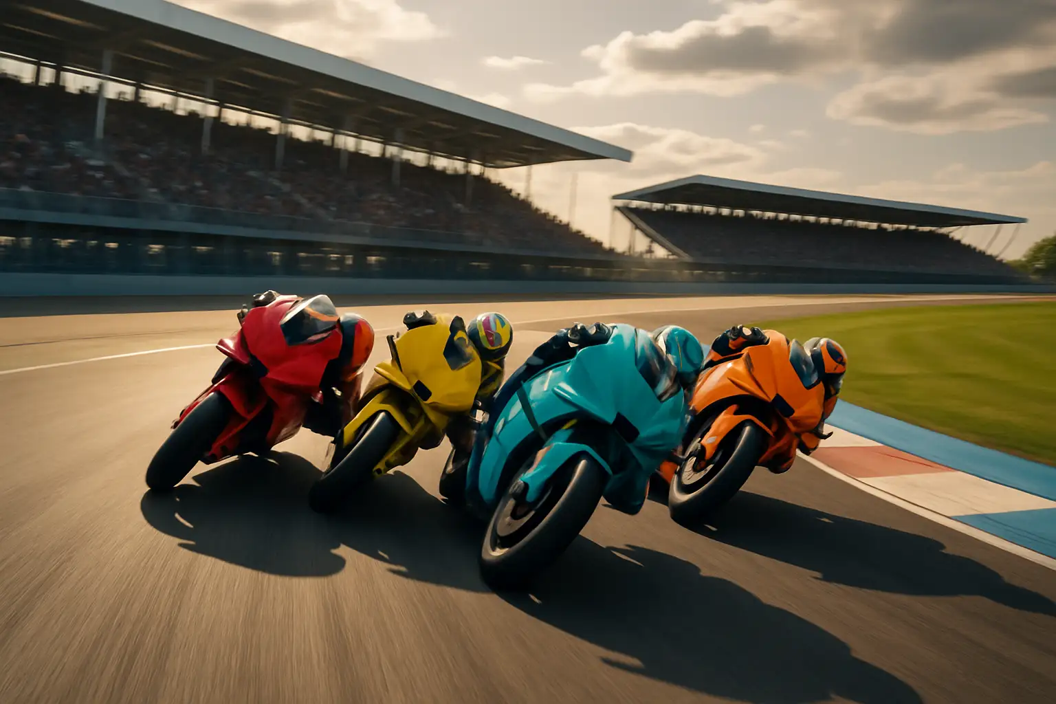 MotoGP prototype motorcycles racing at high speed through a circuit corner