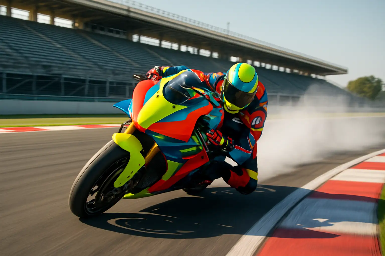 MotoGP prototype motorcycle leaning through a corner on a race circuit