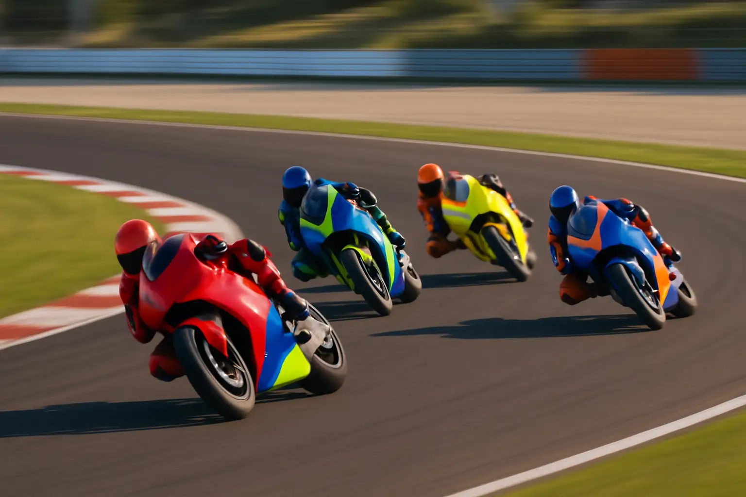 MotoGP prototype motorcycles racing through a high-speed corner on a modern circuit