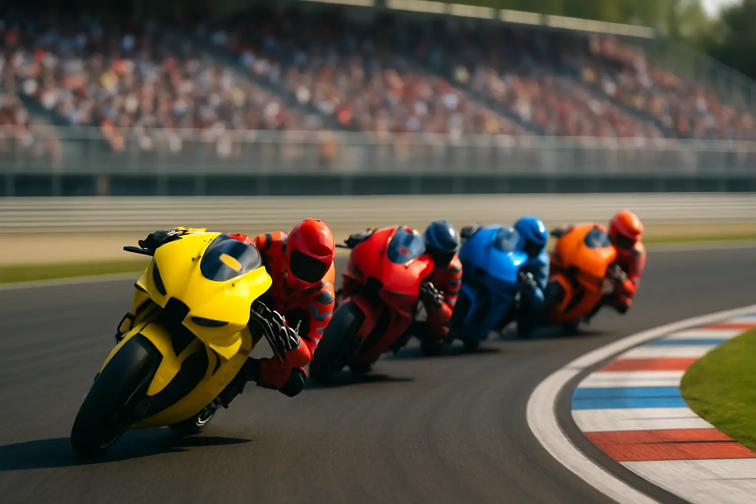 MotoGP motorcycles racing through a tight corner on a sunlit circuit