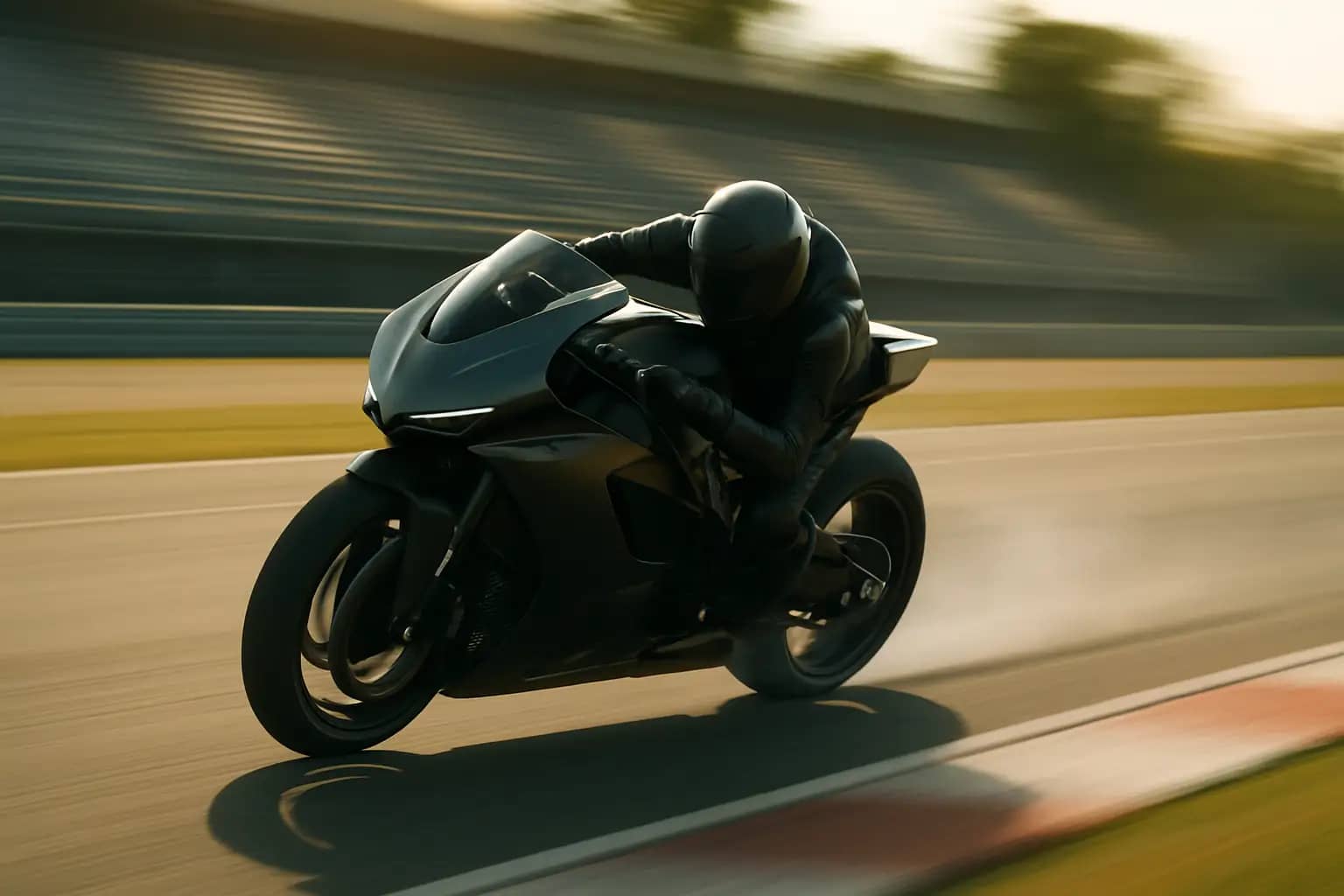 MotoGP prototype motorcycle leaning through a corner on a racing circuit