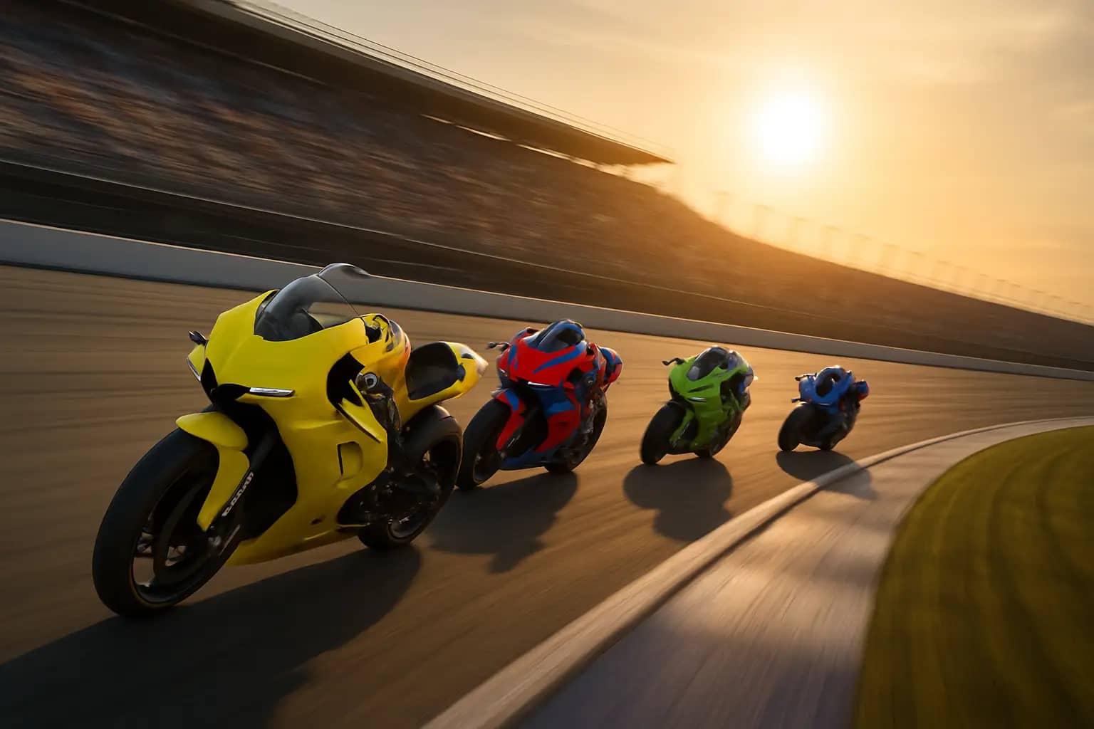 MotoGP racing motorcycles lined up on a race circuit at sunset