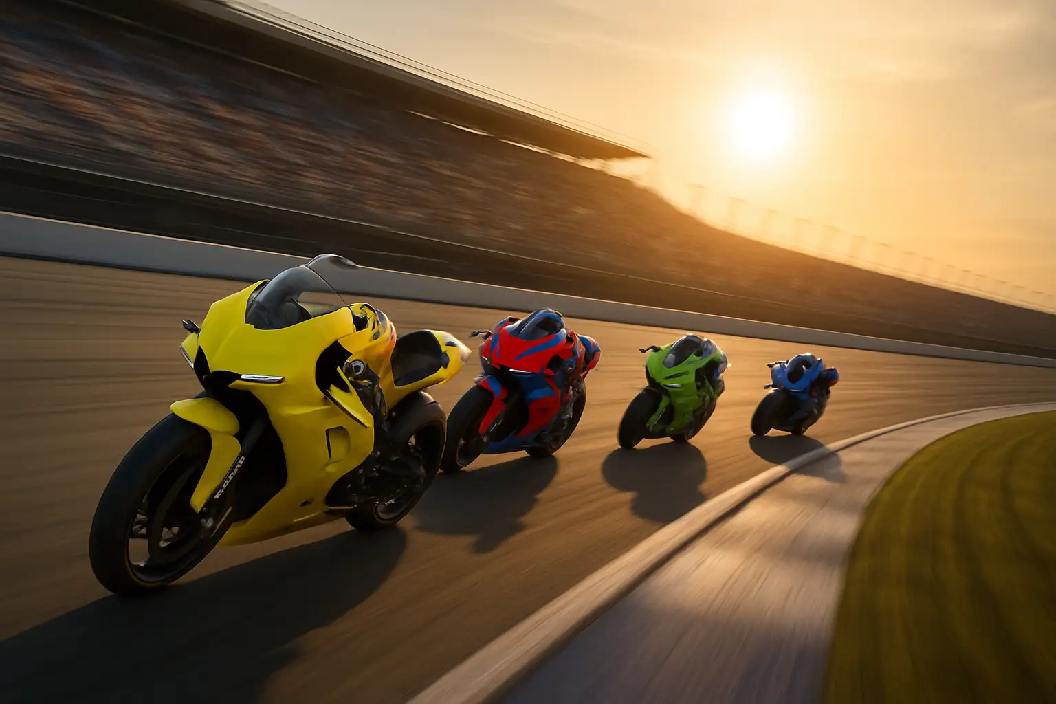 MotoGP racing motorcycles lined up on a race circuit at sunset