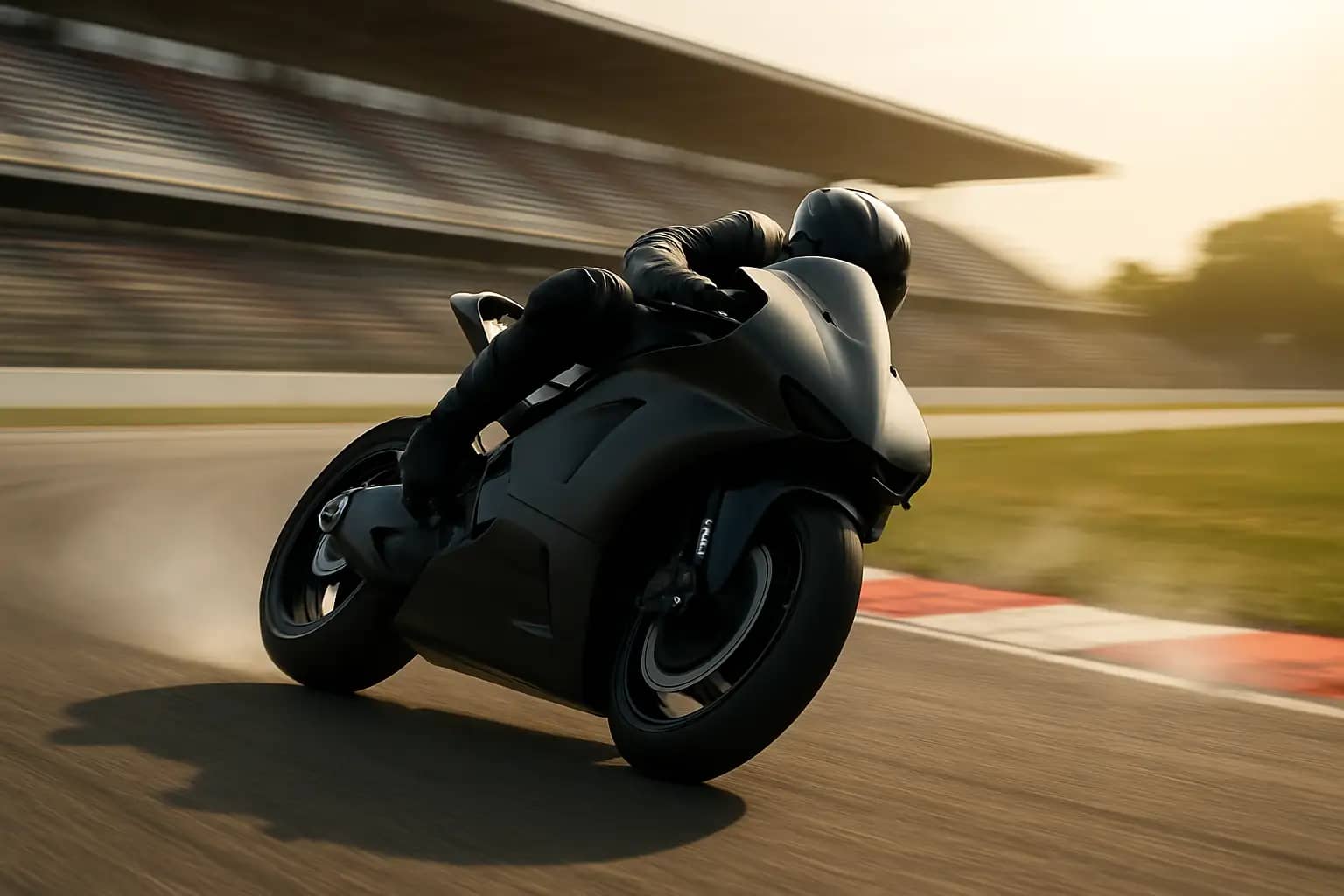 MotoGP prototype motorcycle leaning through a corner on a race circuit